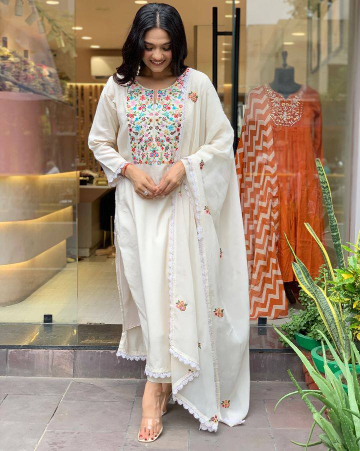 Women’s Off White Embroidered Viscose Chanderi Ensemble – Subtle Luxury in Every Thread