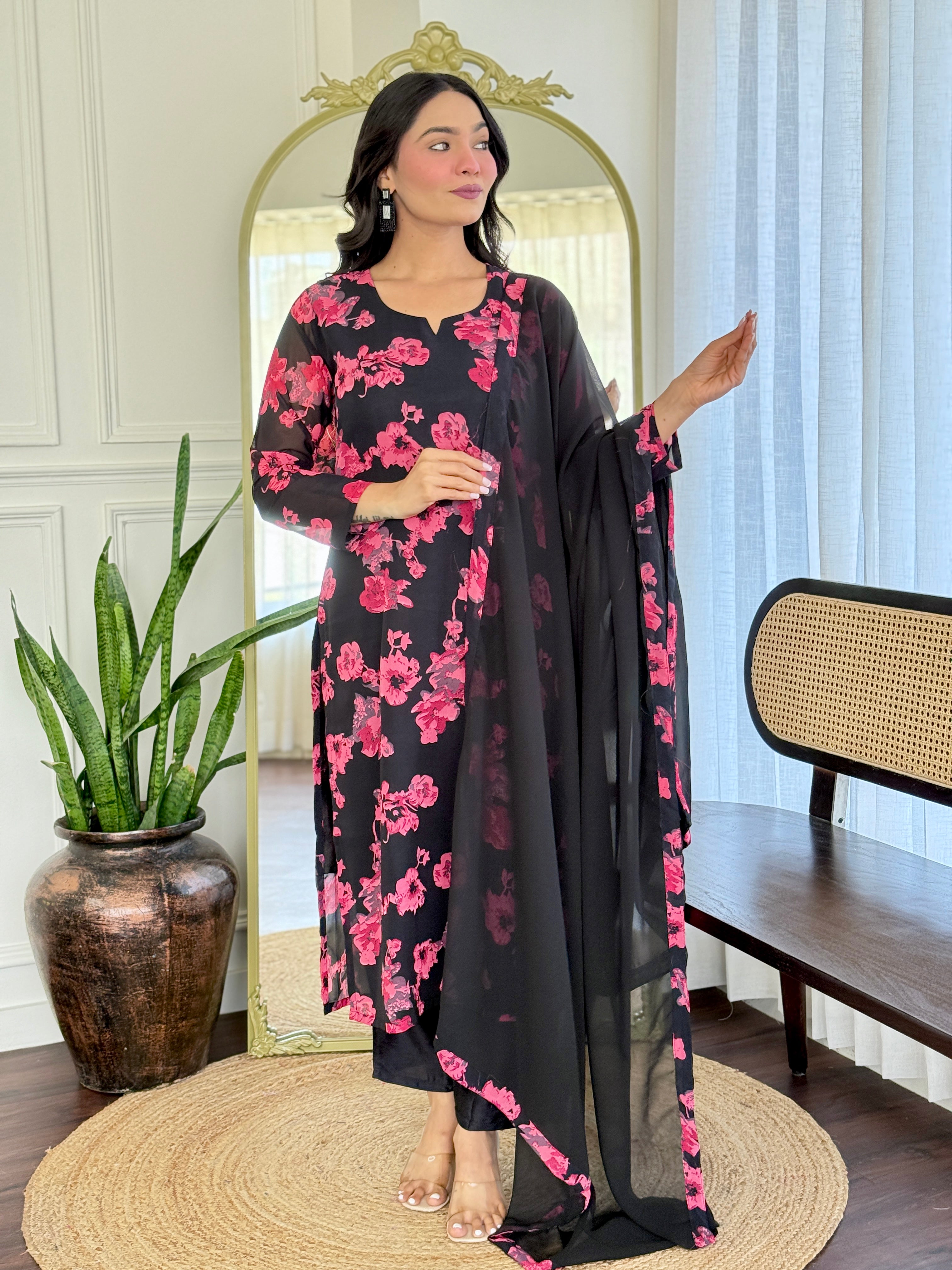 Stylish Georgette Black Kurti Set with Dupatta for Women – Traditional Look with Modern Flair