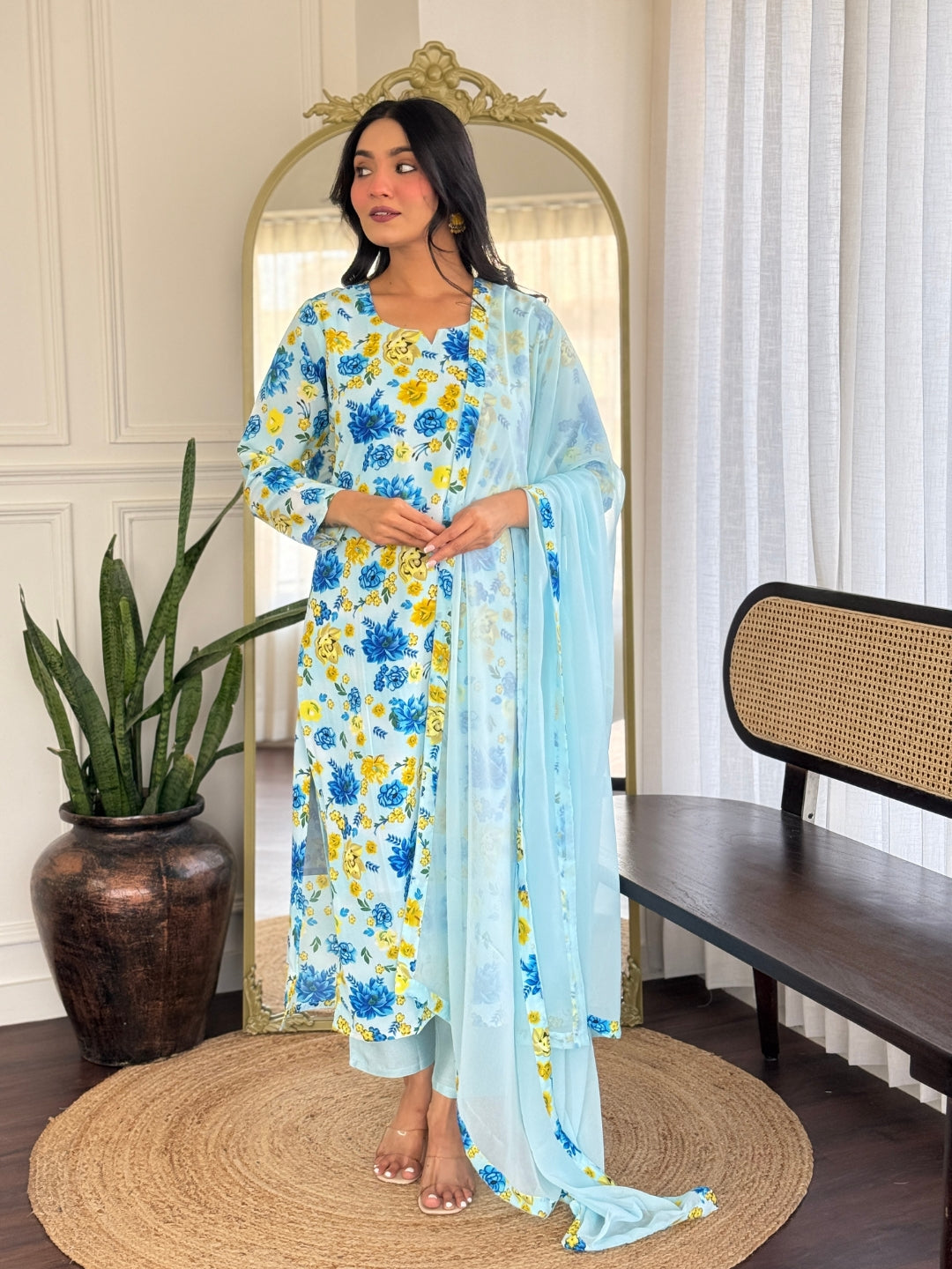 Women's Sky Blue Floral Printed Georgette Kurta Set with Dupatta