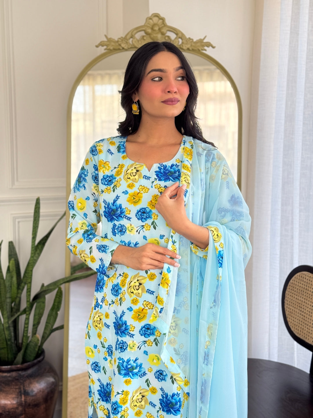 Women's Sky Blue Floral Printed Georgette Kurta Set with Dupatta
