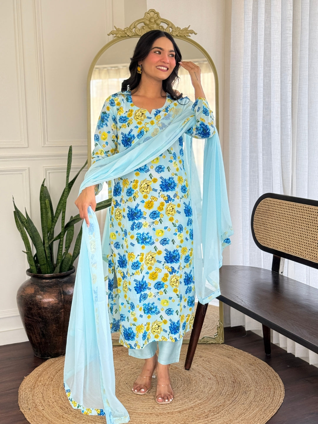 Women's Sky Blue Floral Printed Georgette Kurta Set with Dupatta
