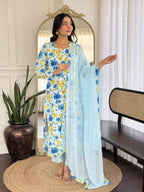 Women's Sky Blue Floral Printed Georgette Kurta Set with Dupatta