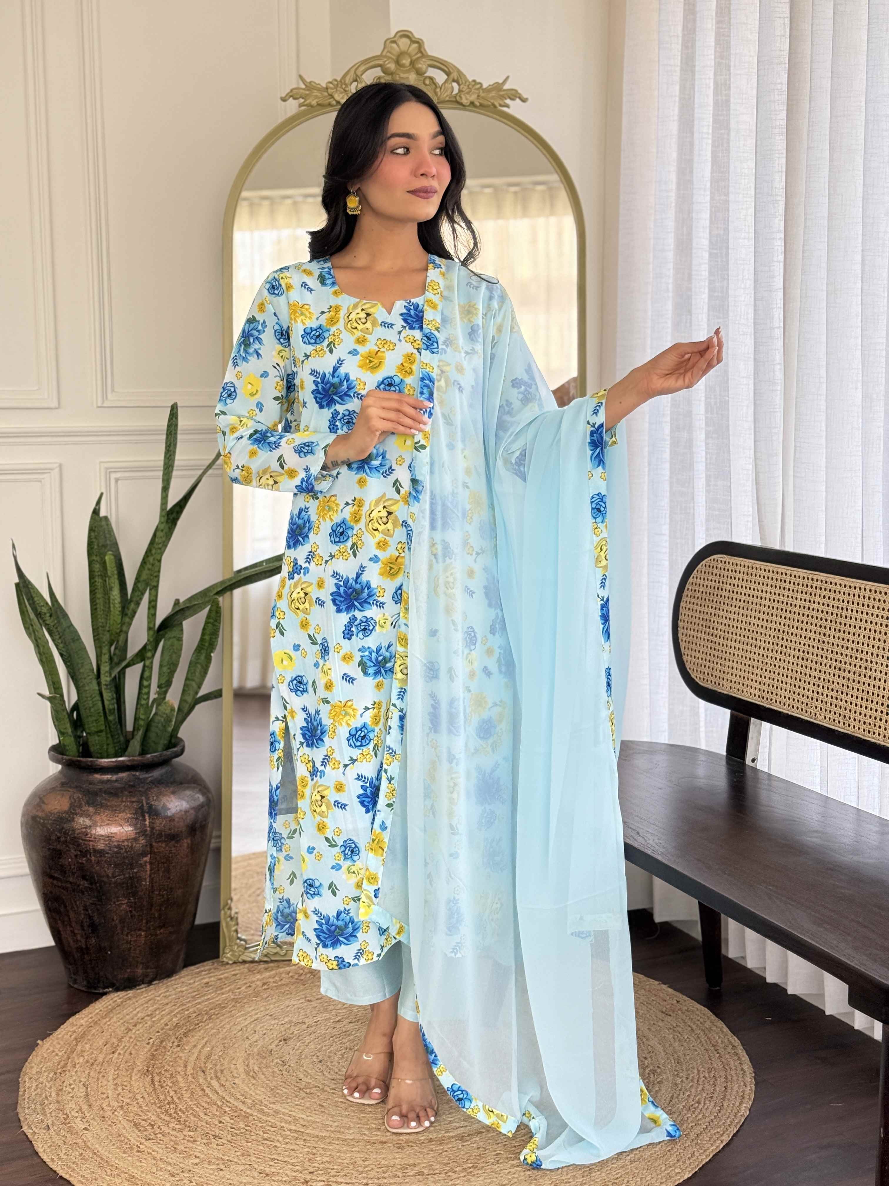 Women's Sky Blue Floral Printed Georgette Kurta Set with Dupatta