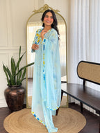 Women's Sky Blue Floral Printed Georgette Kurta Set with Dupatta
