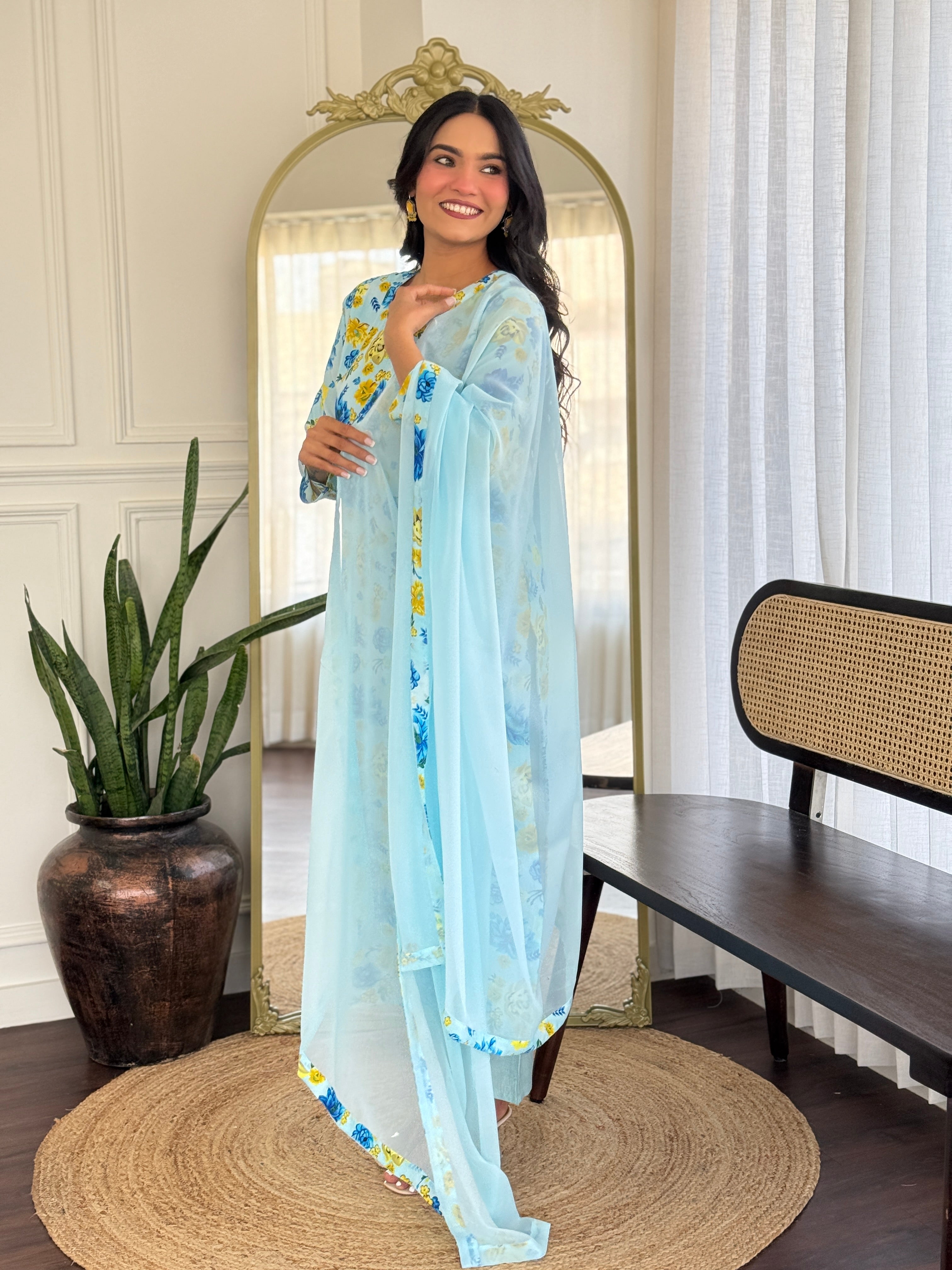 Women's Sky Blue Floral Printed Georgette Kurta Set with Dupatta
