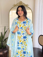 Women's Sky Blue Floral Printed Georgette Kurta Set with Dupatta