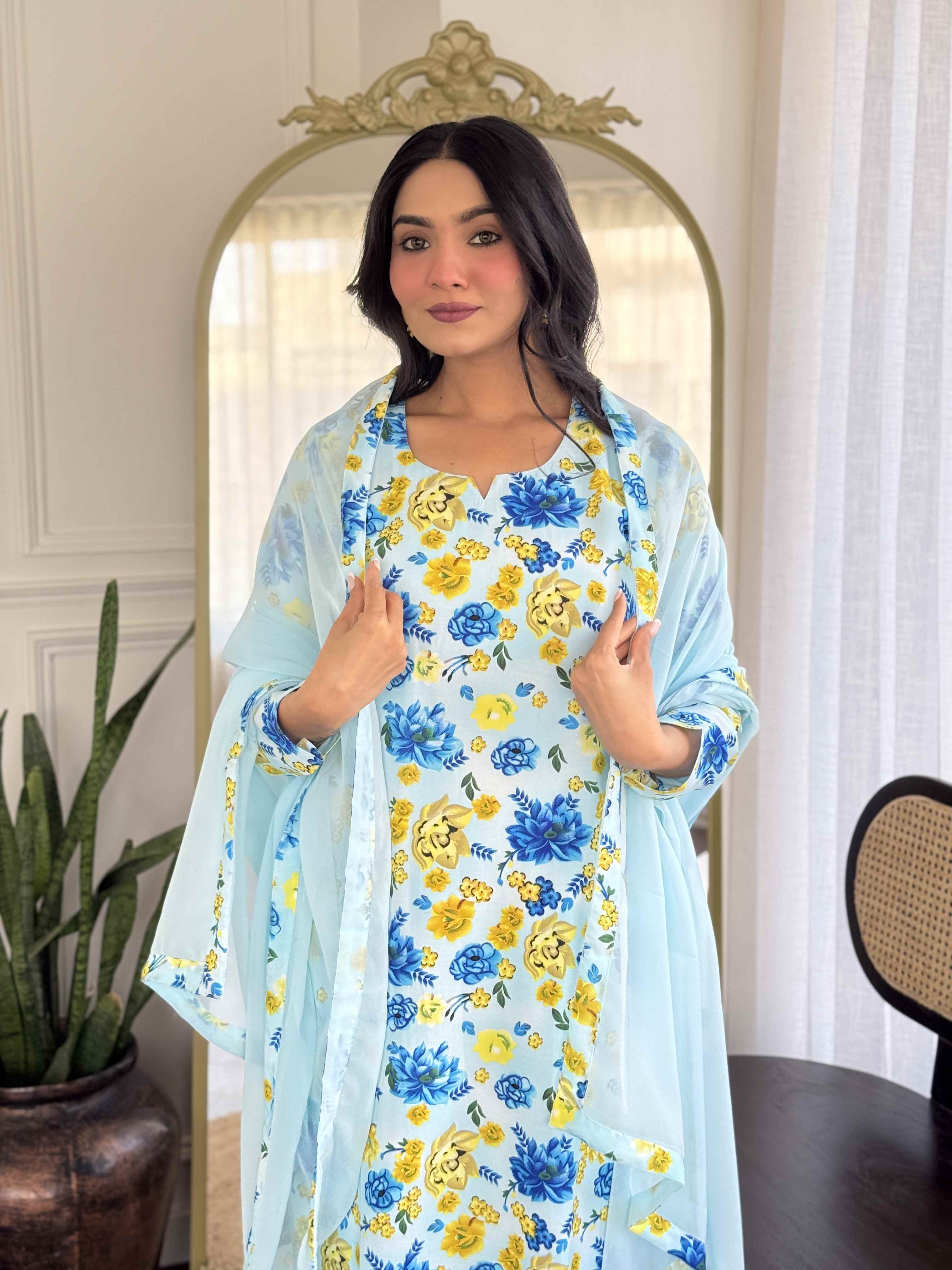 Women's Sky Blue Floral Printed Georgette Kurta Set with Dupatta