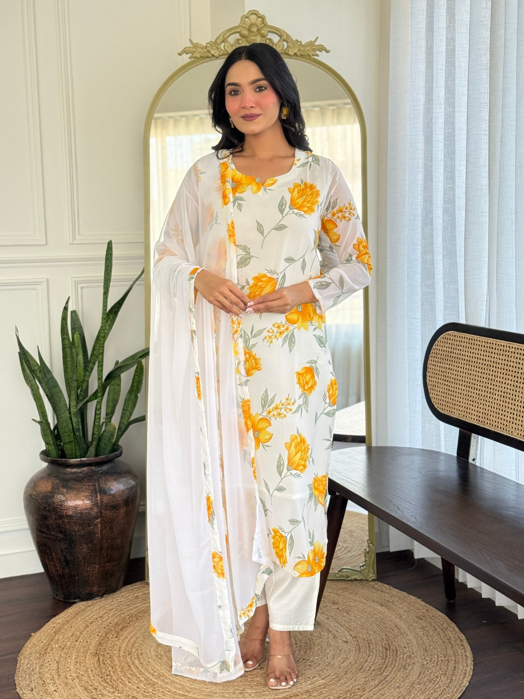 Bright Yellow Georgette Kurta Pant Set with Dupatta for Women