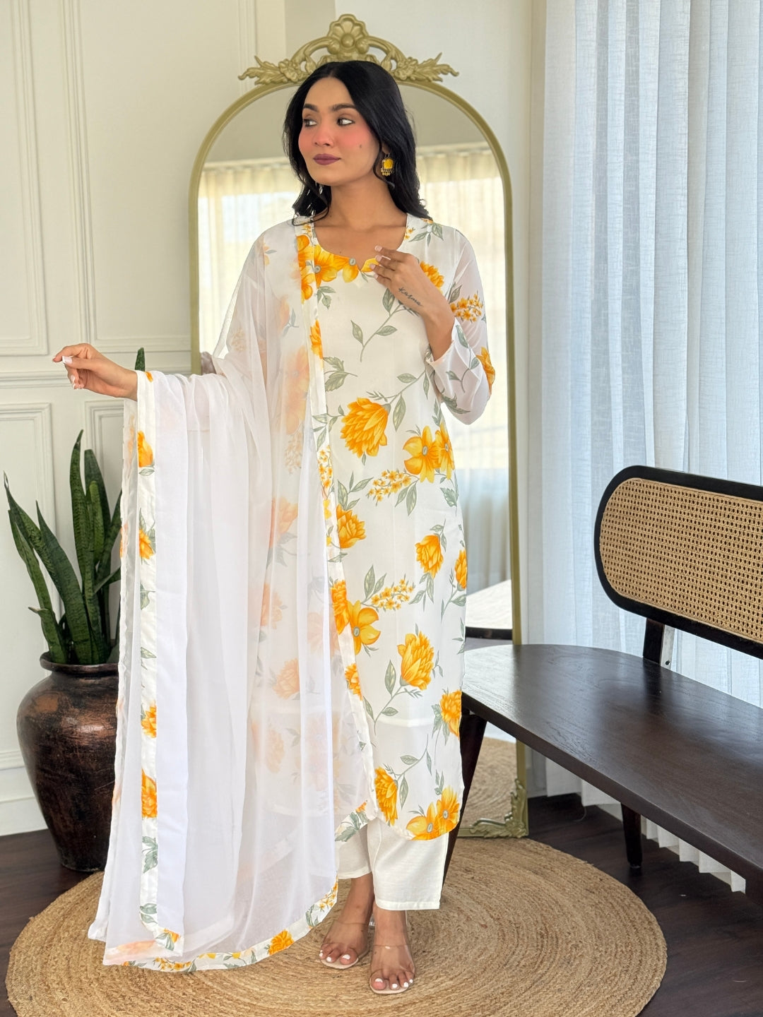 Bright Yellow Georgette Kurta Pant Set with Dupatta for Women