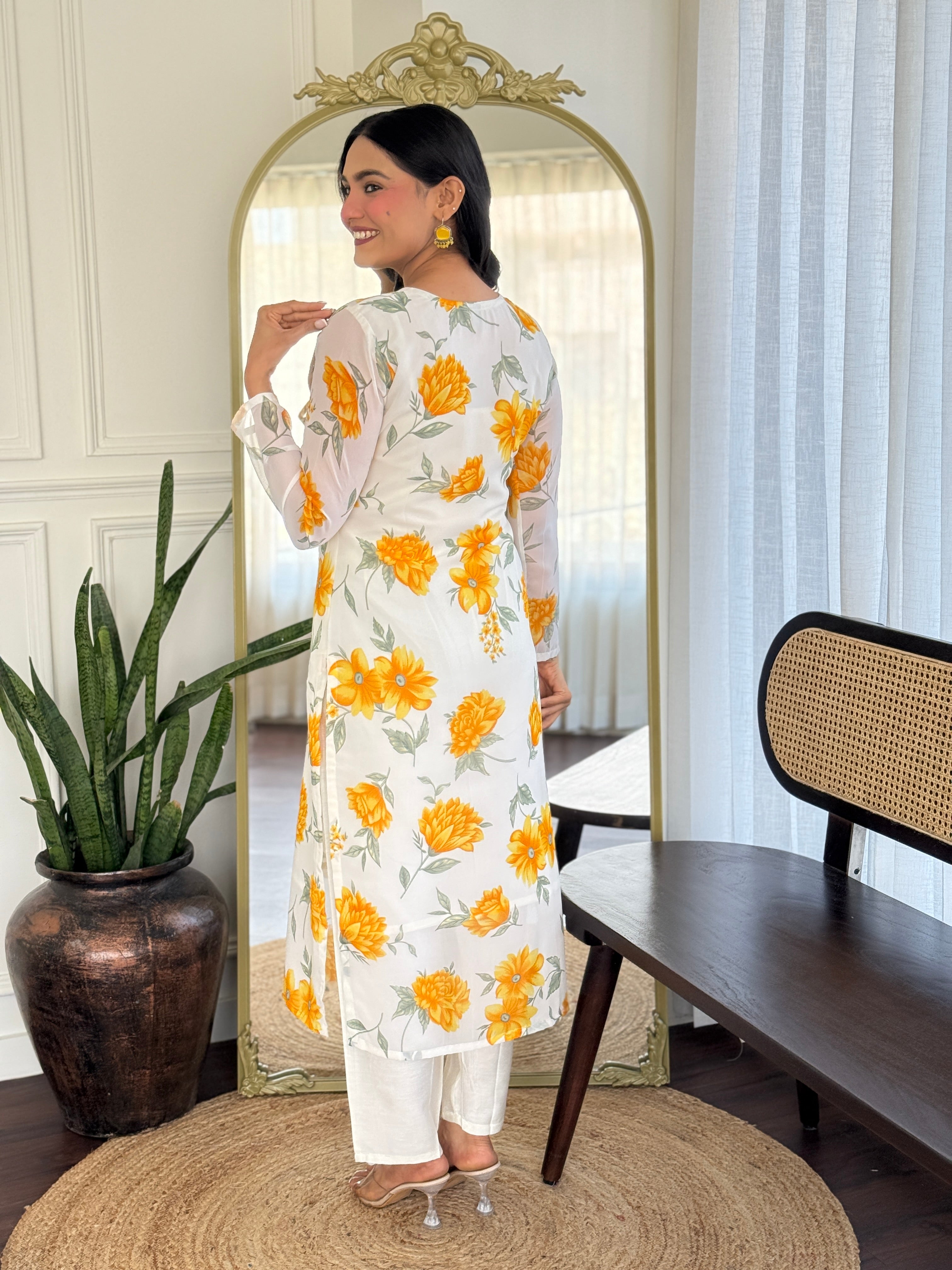 Bright Yellow Georgette Kurta Pant Set with Dupatta for Women