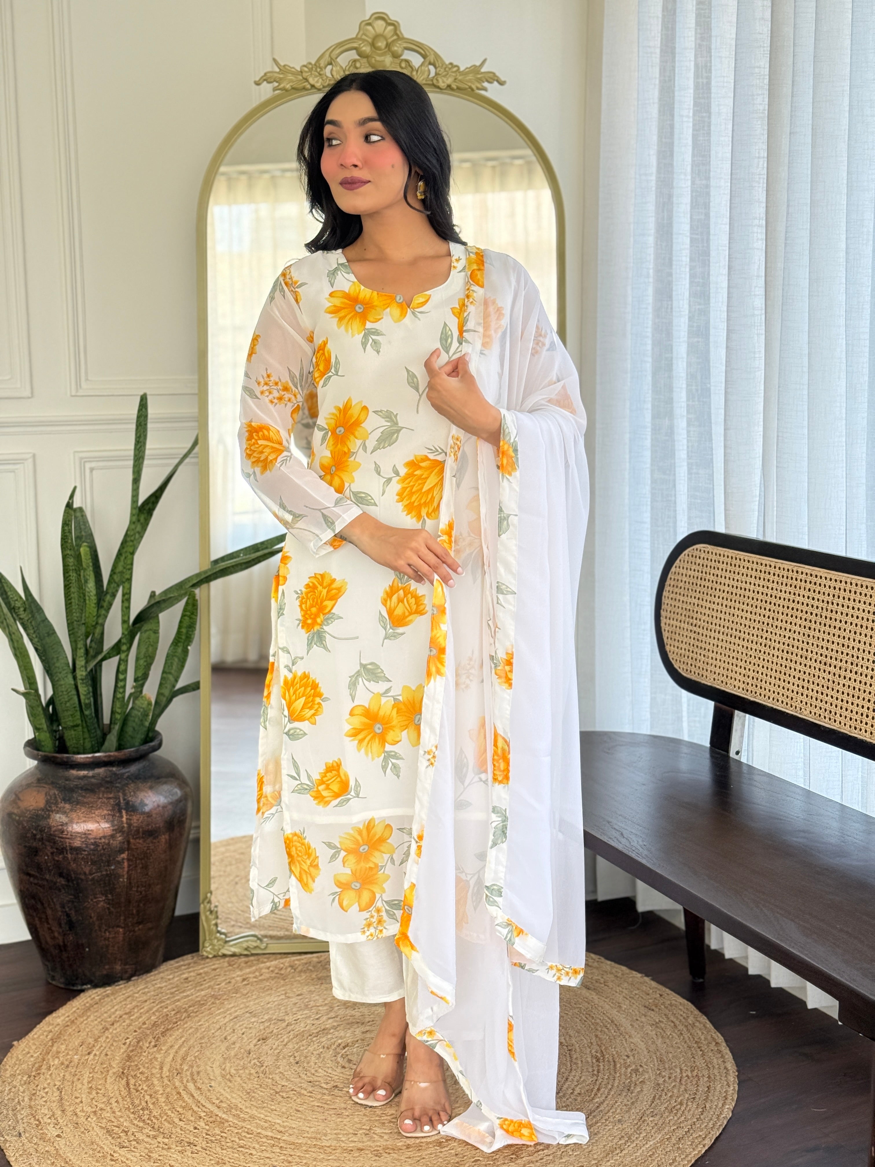 Bright Yellow Georgette Kurta Pant Set with Dupatta for Women