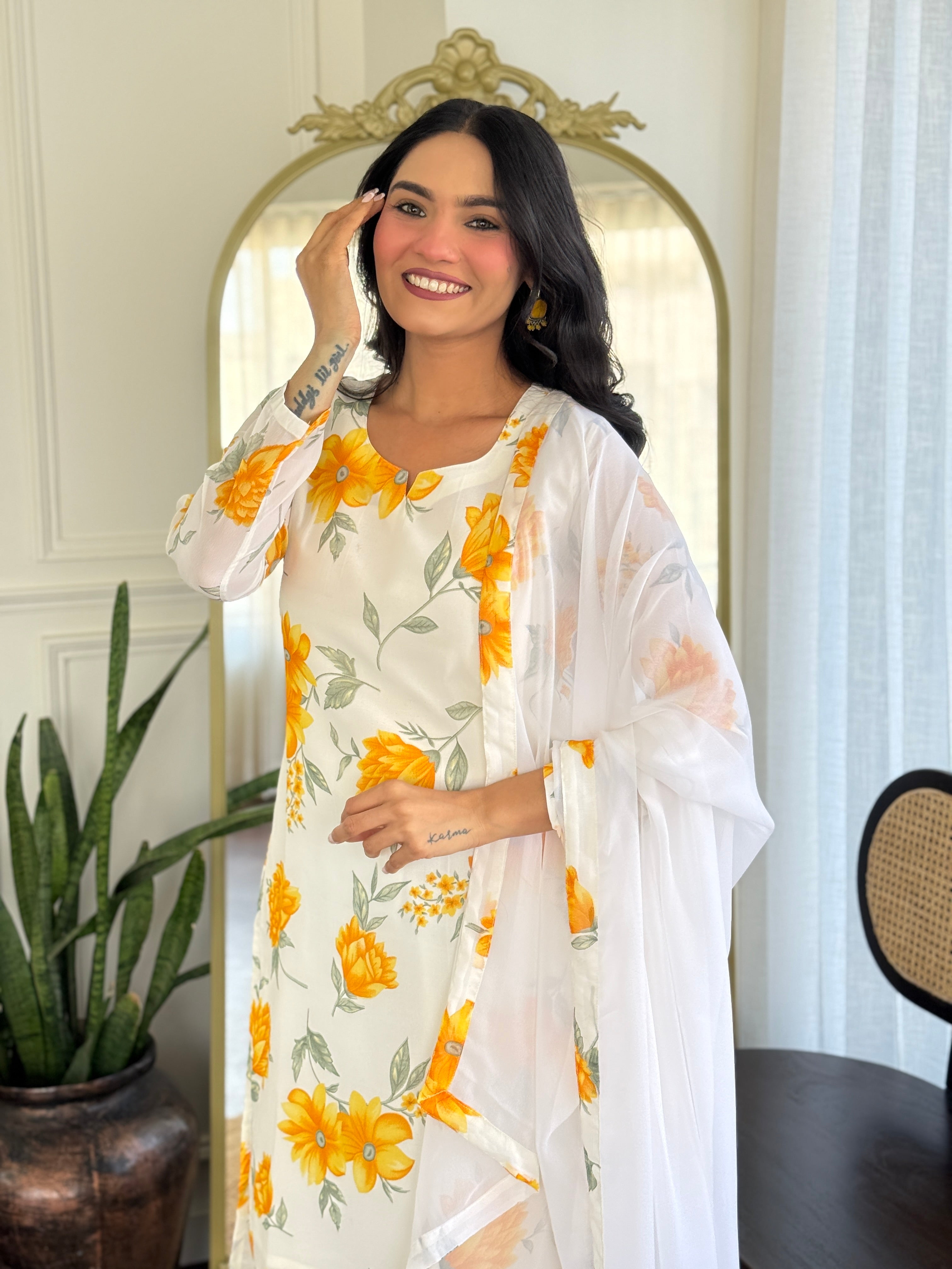 Bright Yellow Georgette Kurta Pant Set with Dupatta for Women
