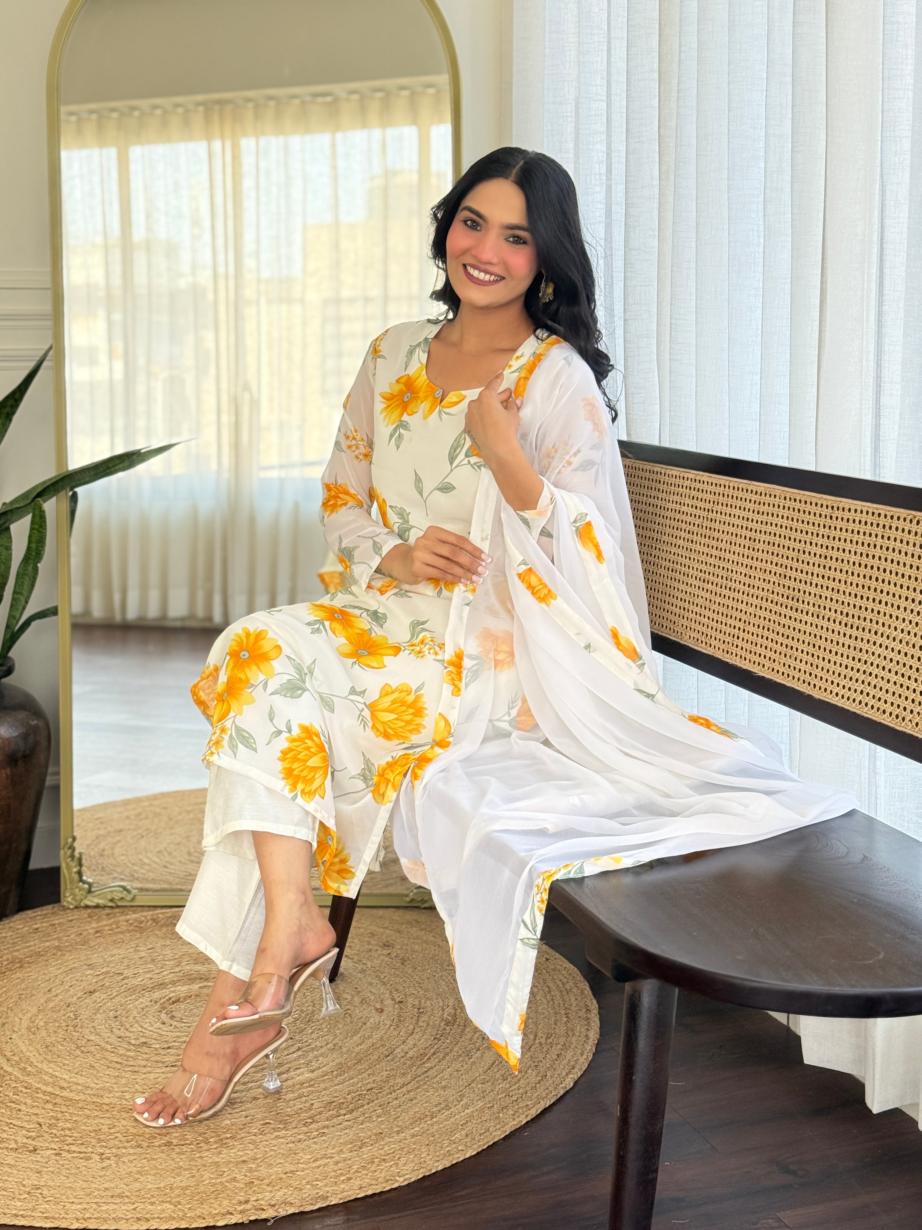 Bright Yellow Georgette Kurta Pant Set with Dupatta for Women