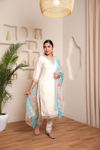 Women’s White Heavy Embroidered Chanderi Cotton Kurta Set with Stylish Printed Accents