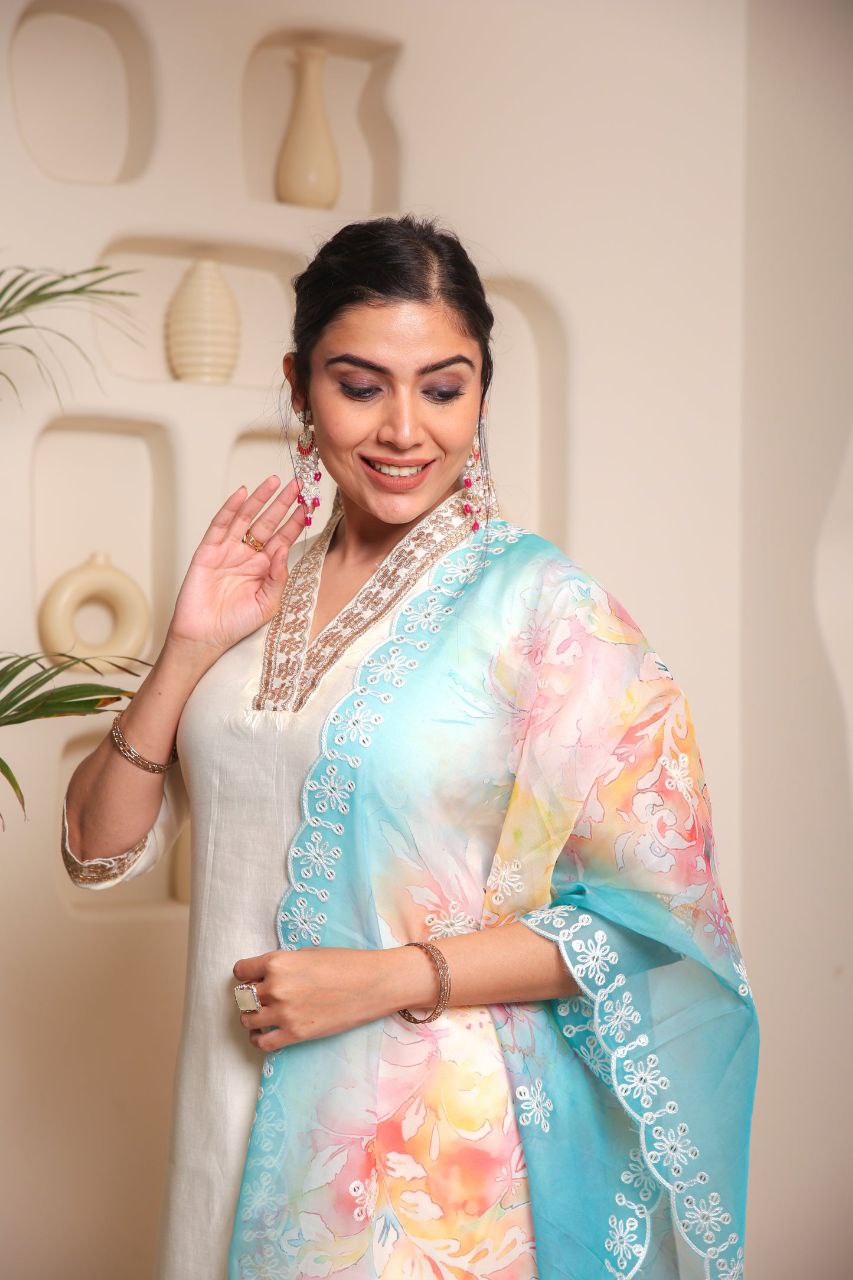 Women’s White Heavy Embroidered Chanderi Cotton Kurta Set with Stylish Printed Accents