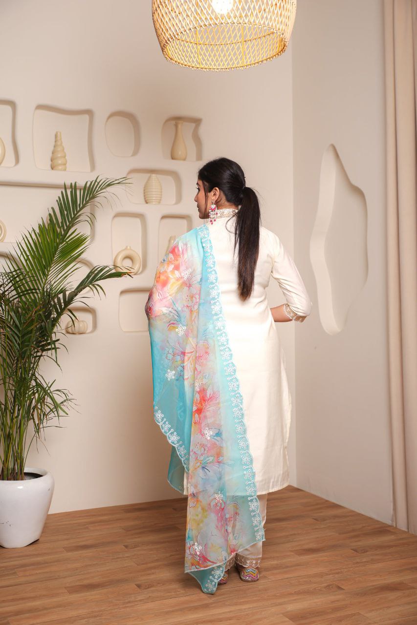 Women’s White Heavy Embroidered Chanderi Cotton Kurta Set with Stylish Printed Accents