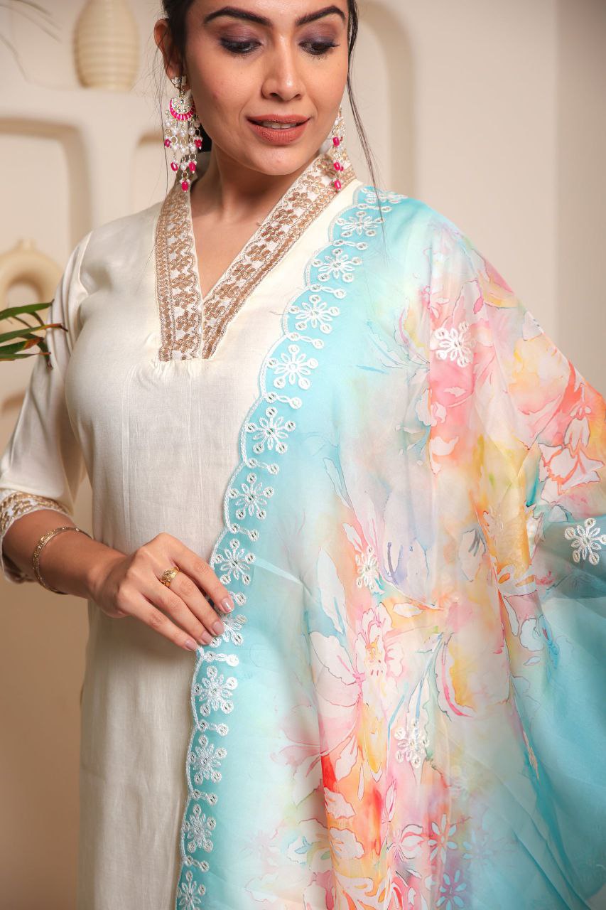 Women’s White Heavy Embroidered Chanderi Cotton Kurta Set with Stylish Printed Accents