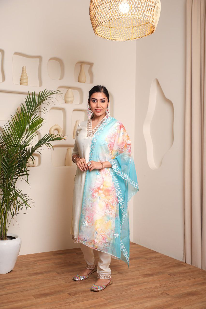 Women’s White Heavy Embroidered Chanderi Cotton Kurta Set with Stylish Printed Accents