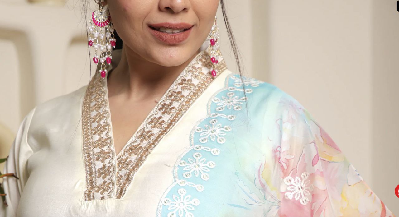 Women’s White Heavy Embroidered Chanderi Cotton Kurta Set with Stylish Printed Accents