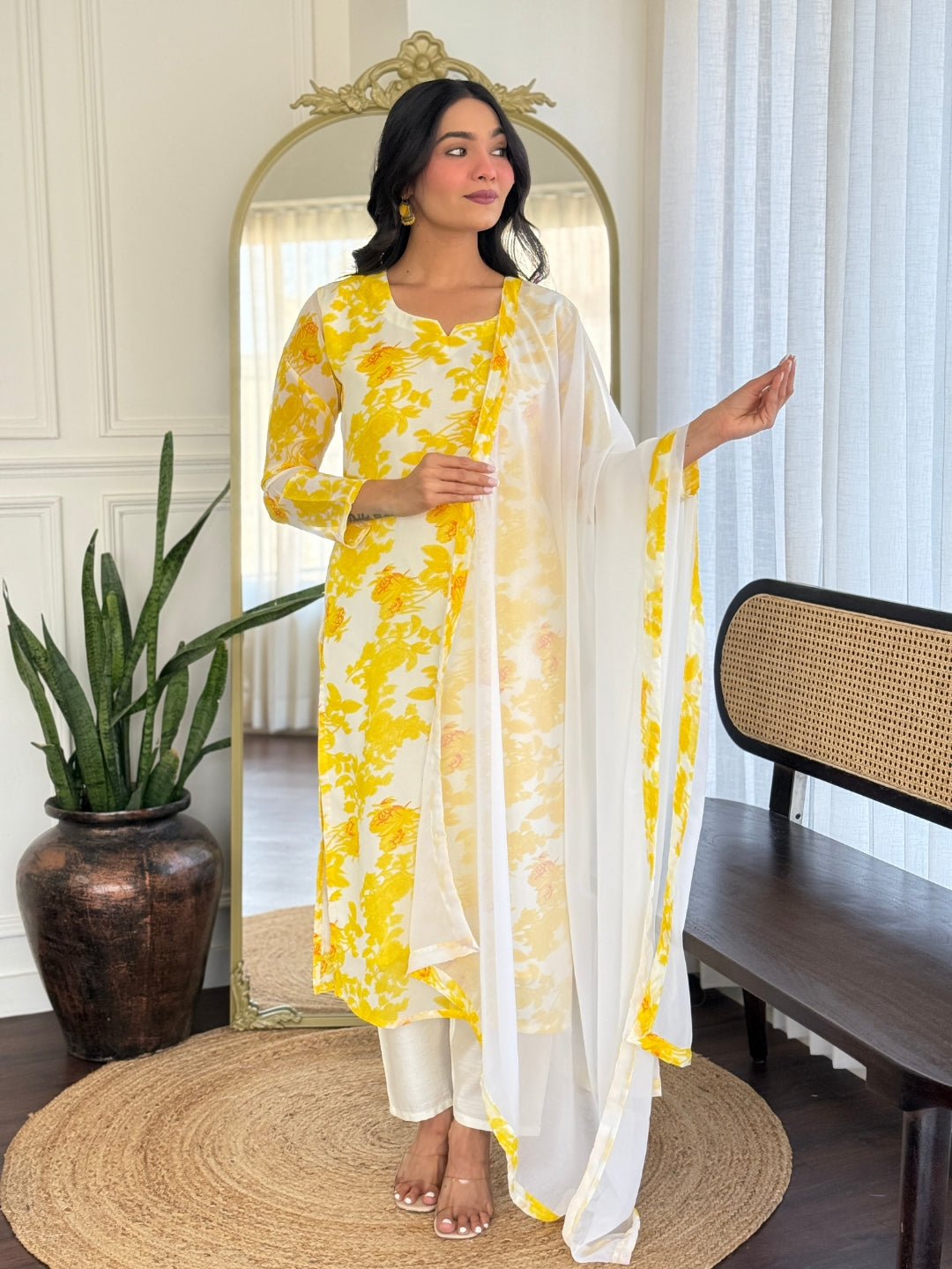 Bright Yellow Georgette Kurta Pant Set with Dupatta for Women