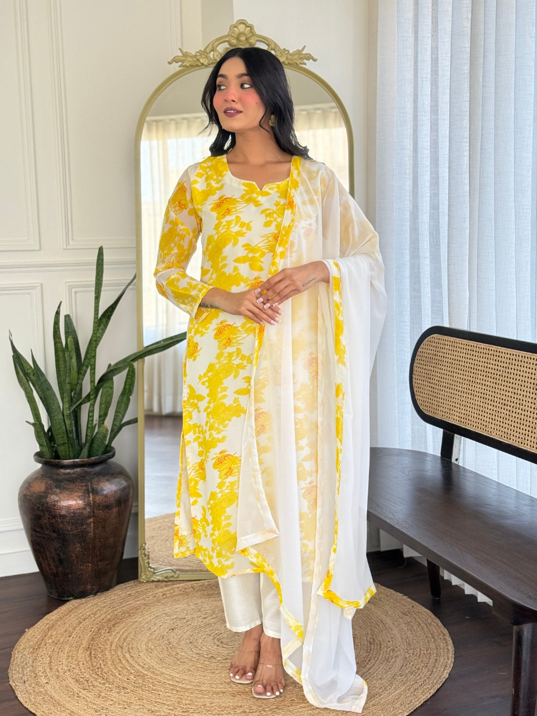 Bright Yellow Georgette Kurta Pant Set with Dupatta for Women