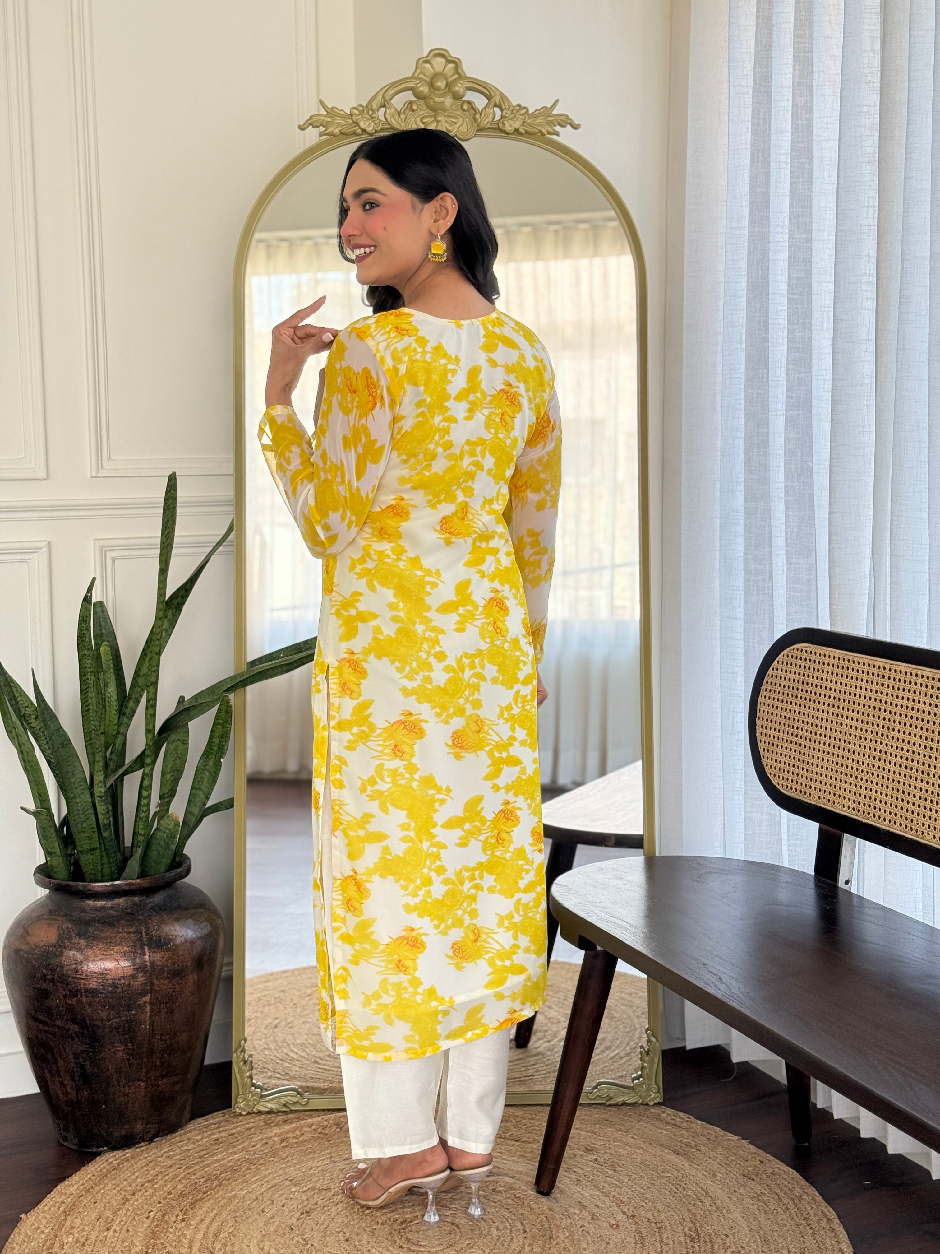 Bright Yellow Georgette Kurta Pant Set with Dupatta for Women