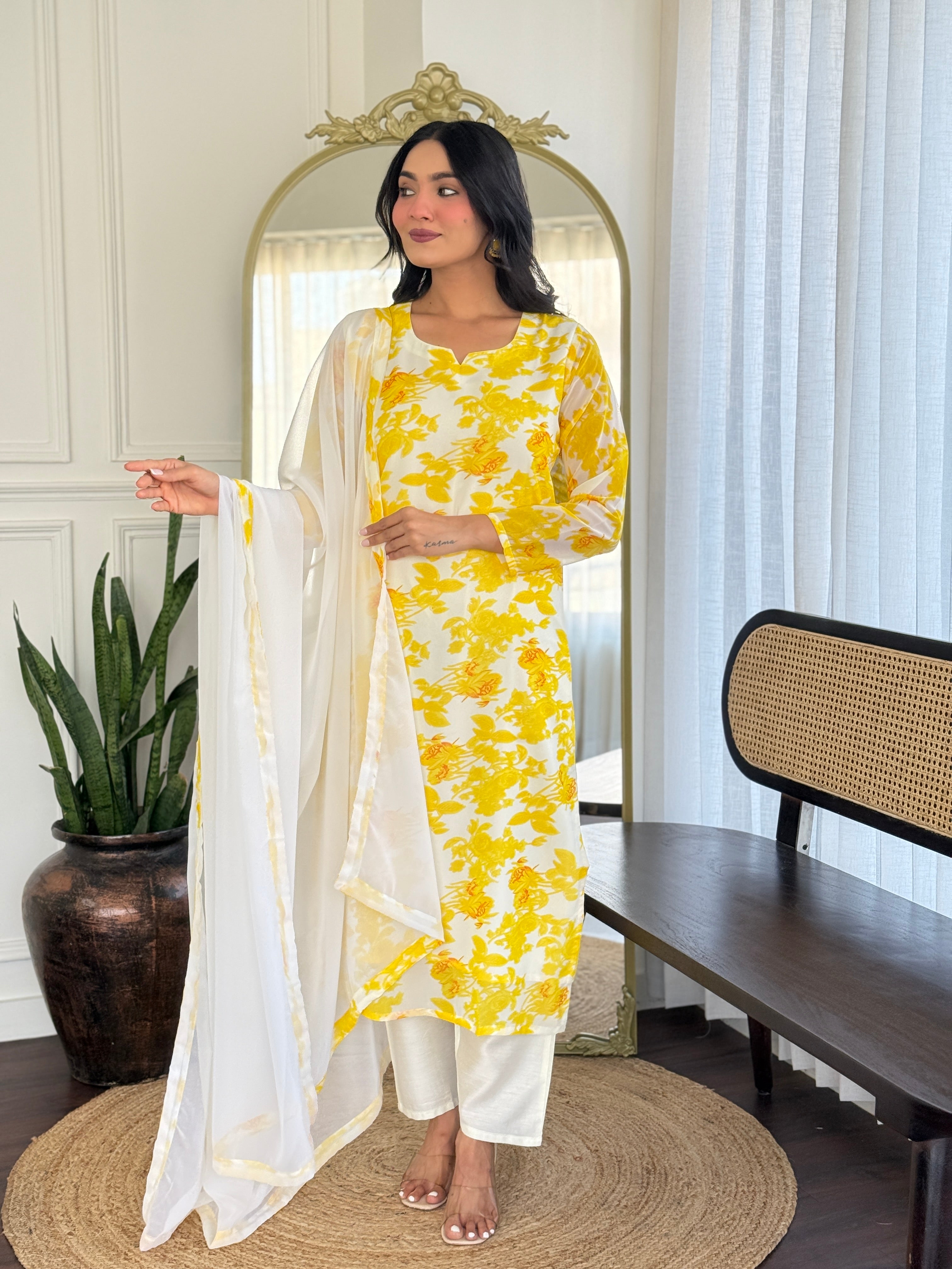 Bright Yellow Georgette Kurta Pant Set with Dupatta for Women