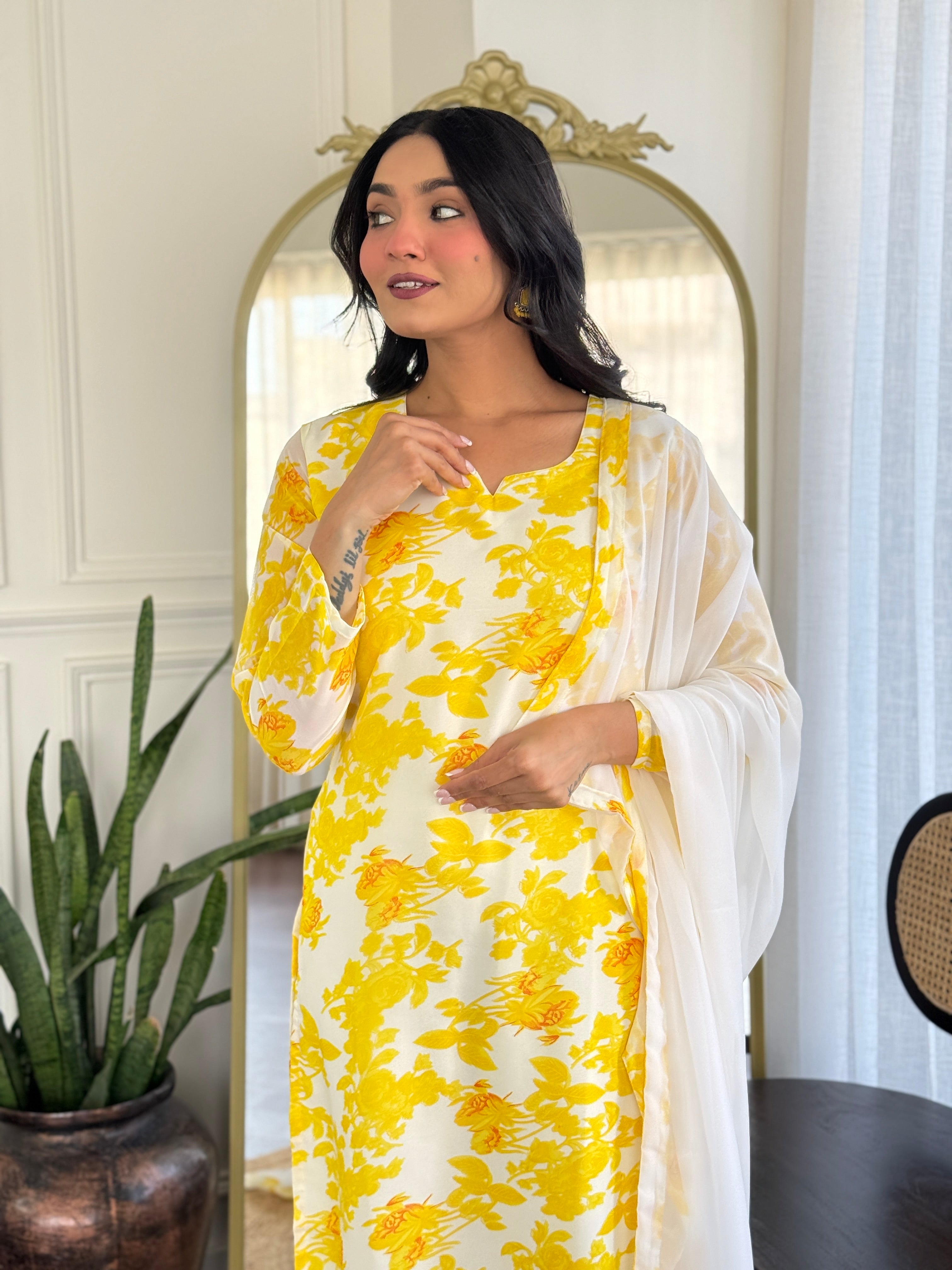 Bright Yellow Georgette Kurta Pant Set with Dupatta for Women