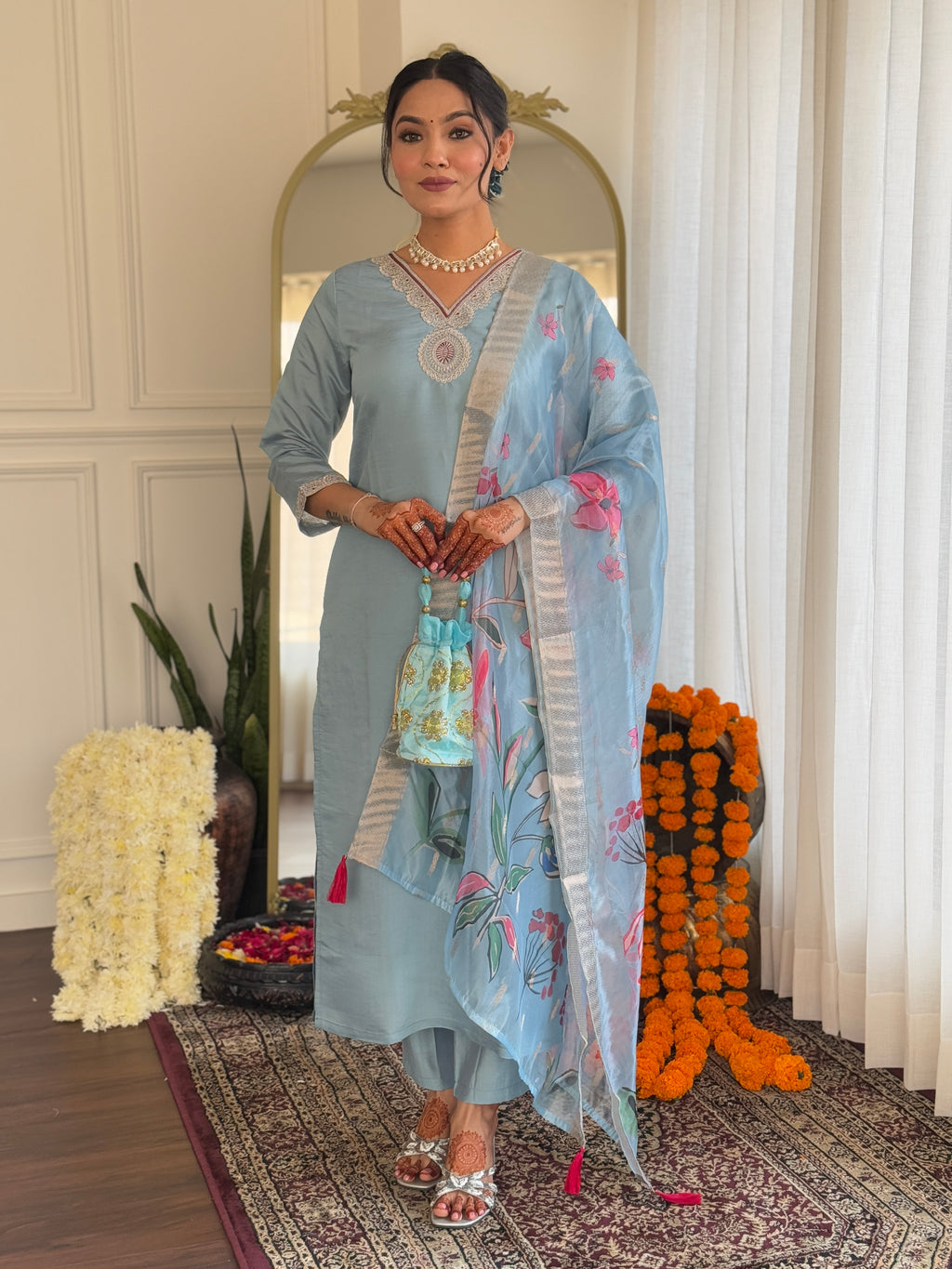 Women's  Grey Roman Silk Embroidered Straight Kurta Set with Pant and Dupatta