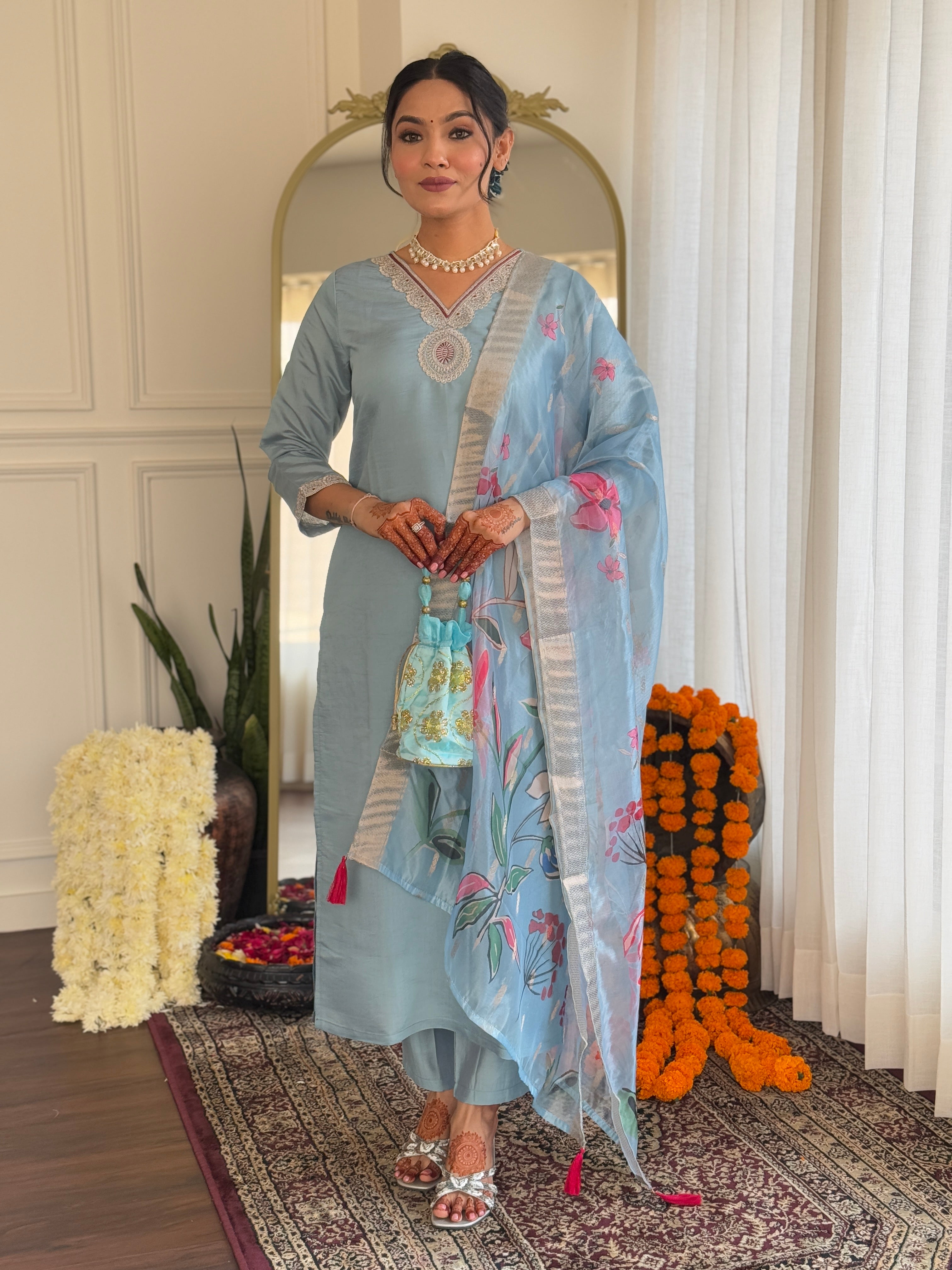 Women's  Grey Roman Silk Embroidered Straight Kurta Set with Pant and Dupatta