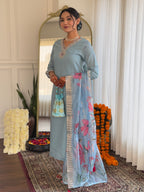 Women's  Grey Roman Silk Embroidered Straight Kurta Set with Pant and Dupatta