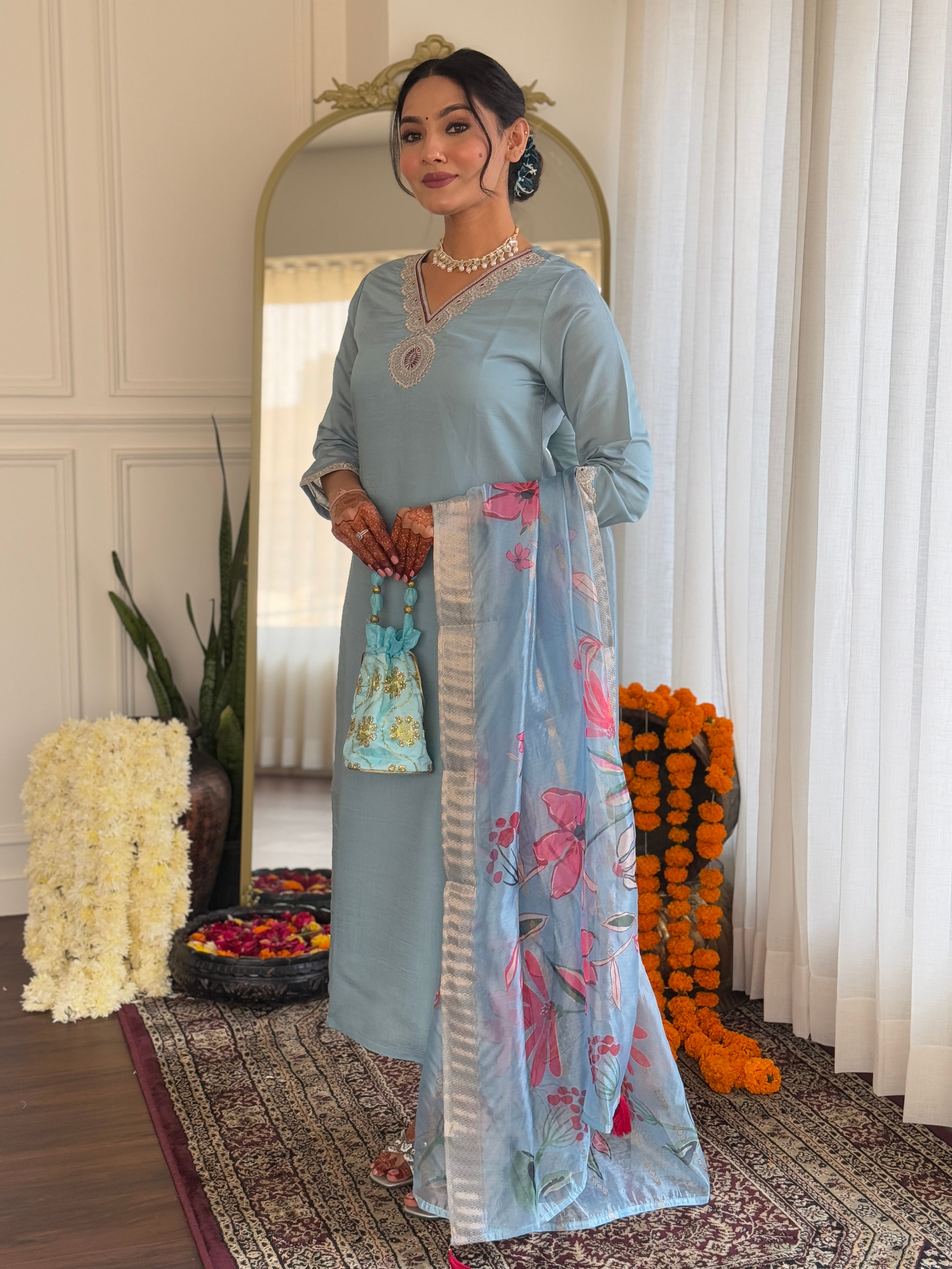 Women's  Grey Roman Silk Embroidered Straight Kurta Set with Pant and Dupatta