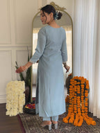 Women's  Grey Roman Silk Embroidered Straight Kurta Set with Pant and Dupatta
