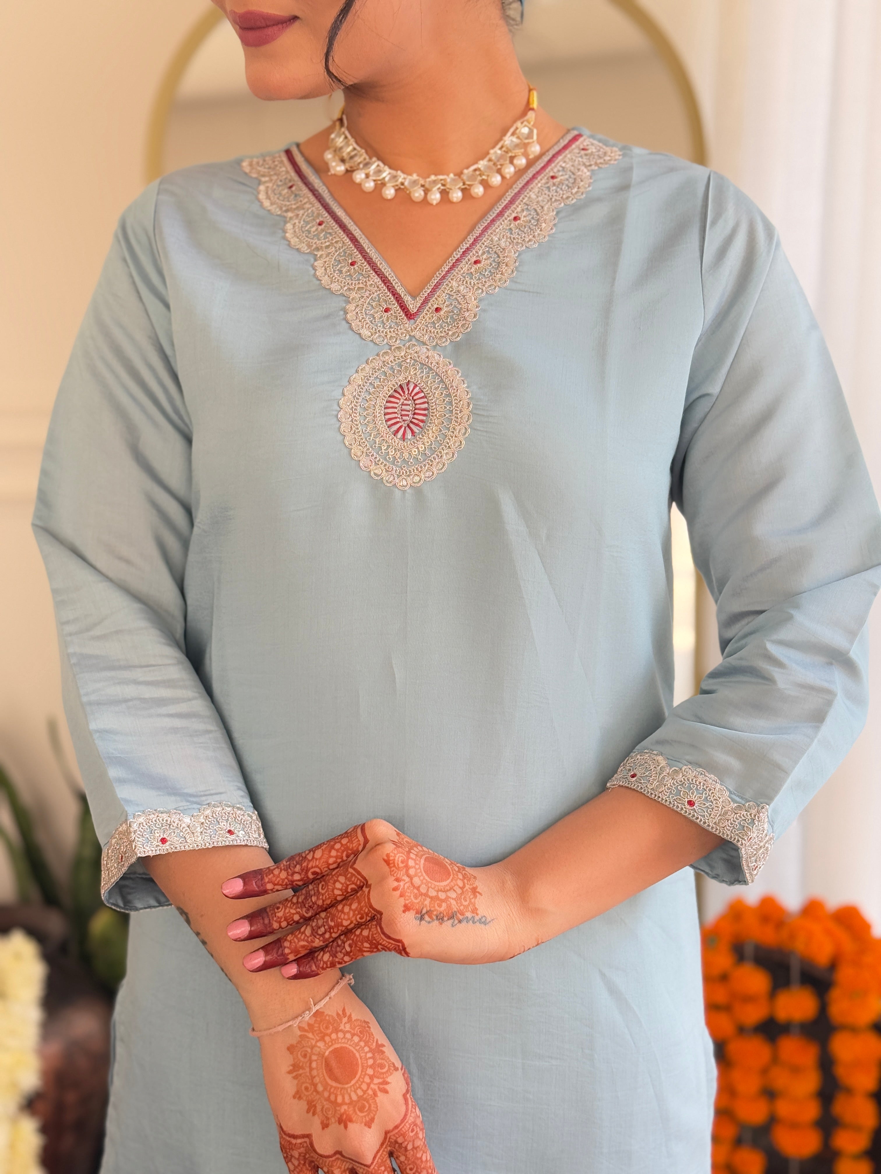 Women's  Grey Roman Silk Embroidered Straight Kurta Set with Pant and Dupatta