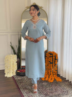 Women's  Grey Roman Silk Embroidered Straight Kurta Set with Pant and Dupatta