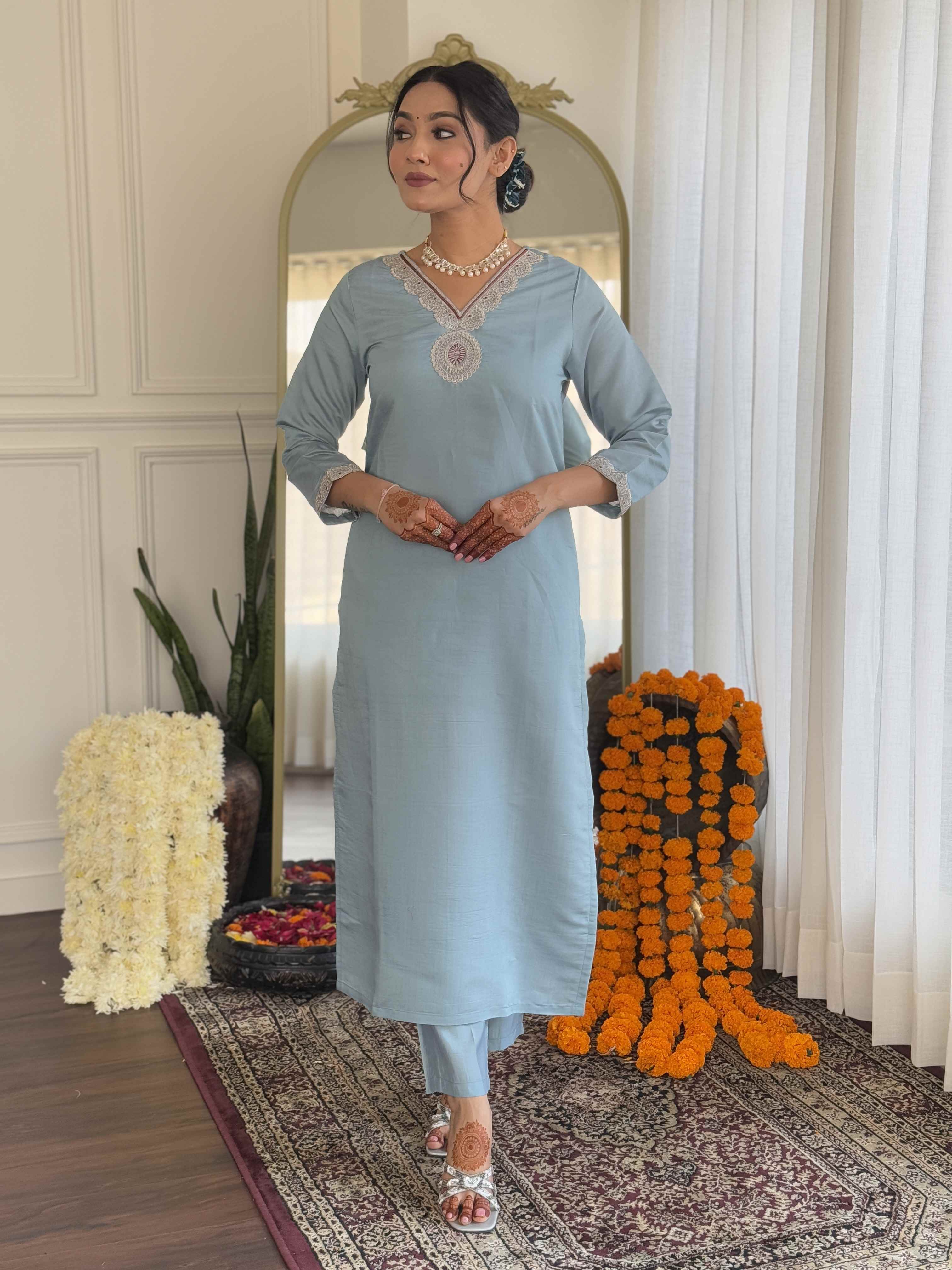 Women's  Grey Roman Silk Embroidered Straight Kurta Set with Pant and Dupatta