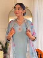 Women's  Grey Roman Silk Embroidered Straight Kurta Set with Pant and Dupatta
