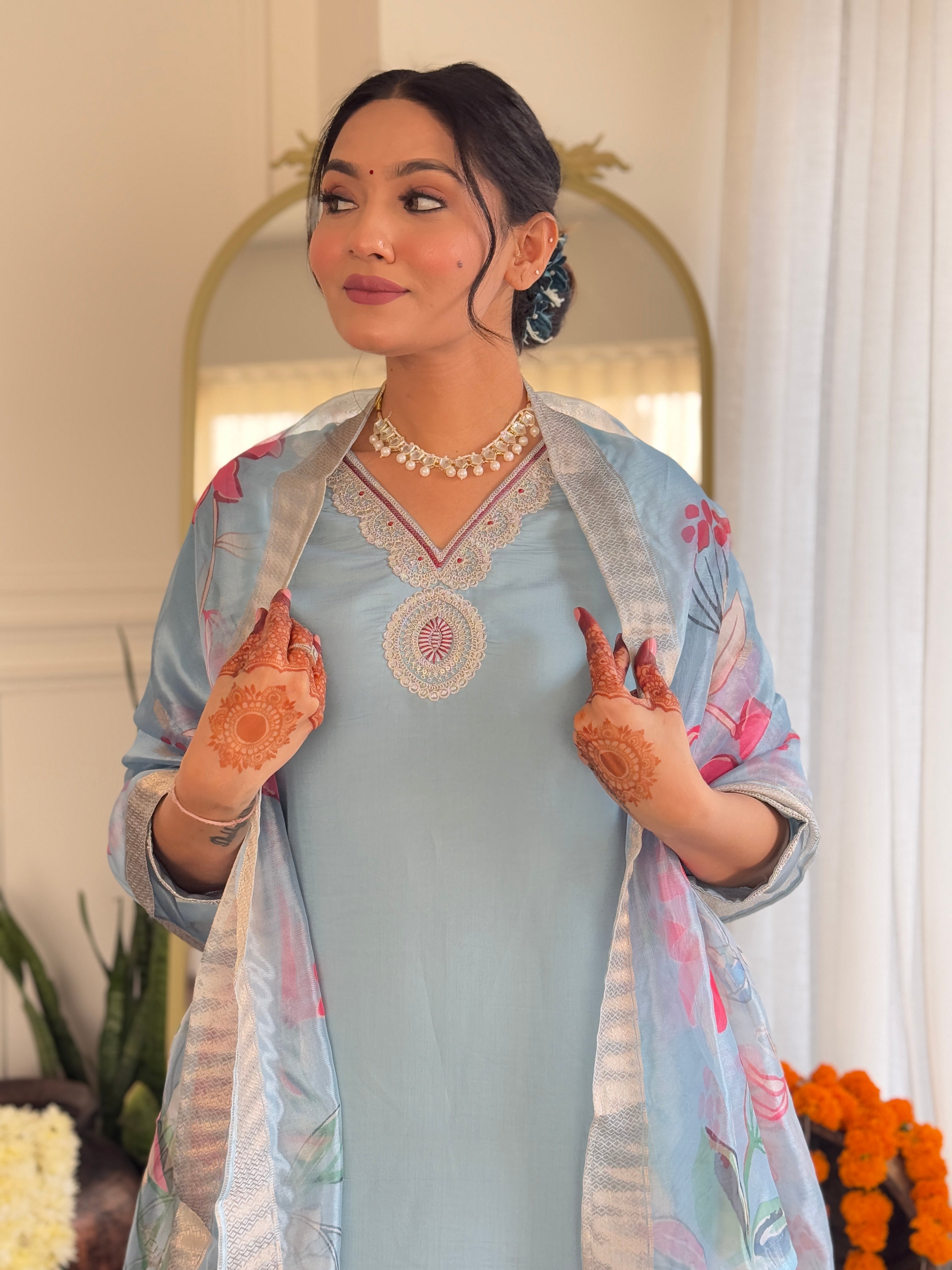 Women's  Grey Roman Silk Embroidered Straight Kurta Set with Pant and Dupatta
