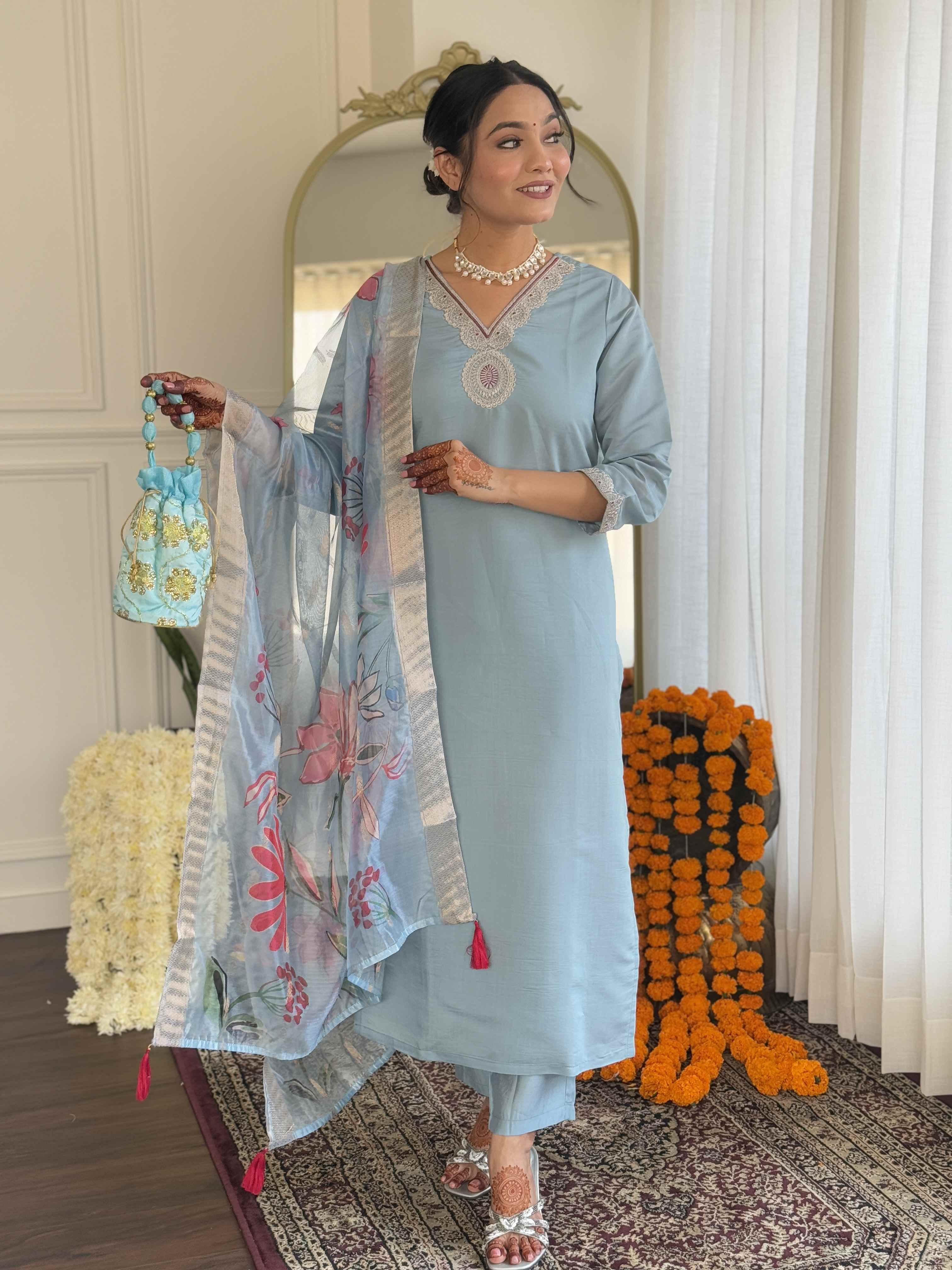 Women's  Grey Roman Silk Embroidered Straight Kurta Set with Pant and Dupatta