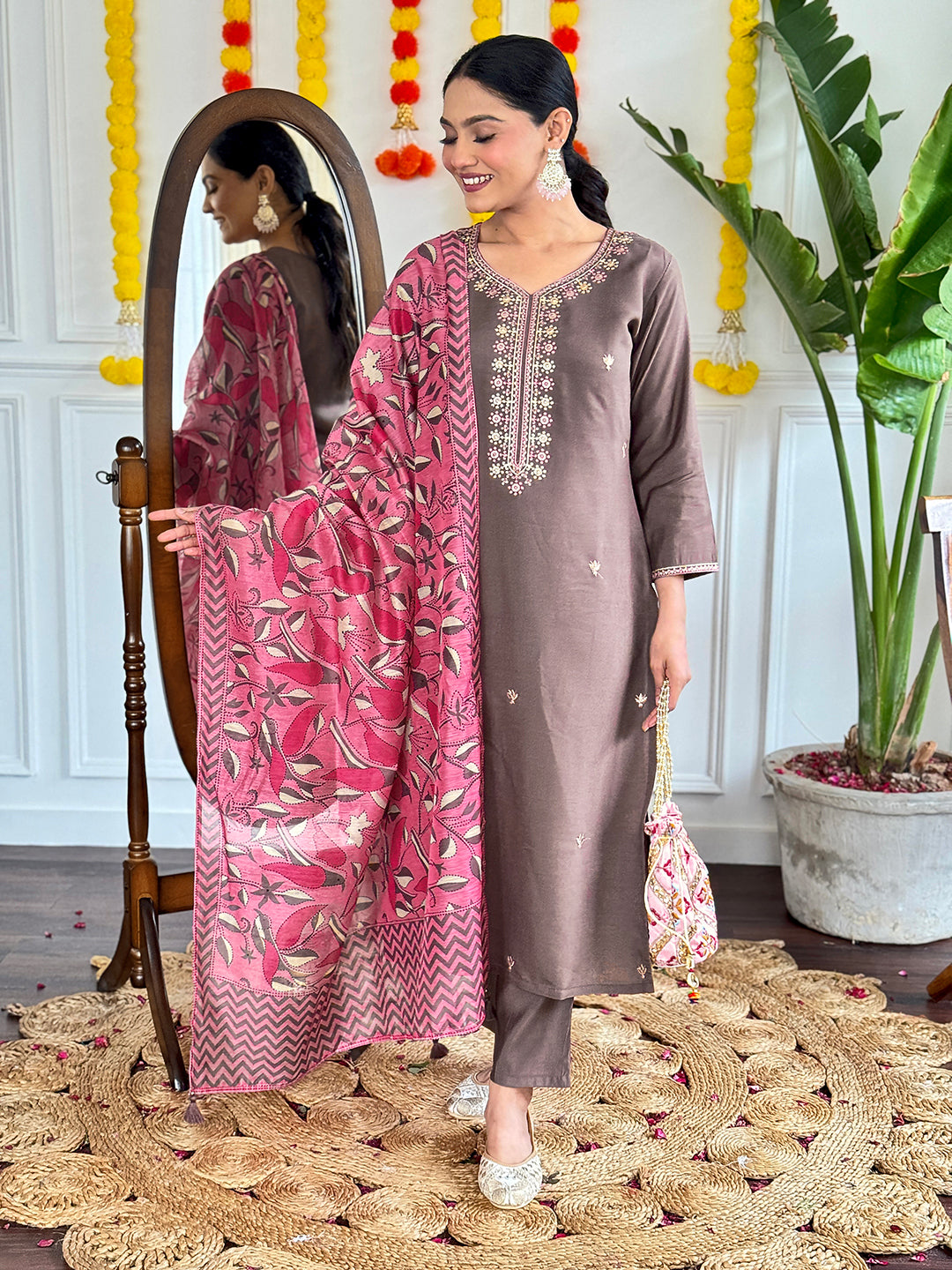 Graceful Brown  Viscose Chanderi Embroidered Kurta Set – Perfect for Celebrations