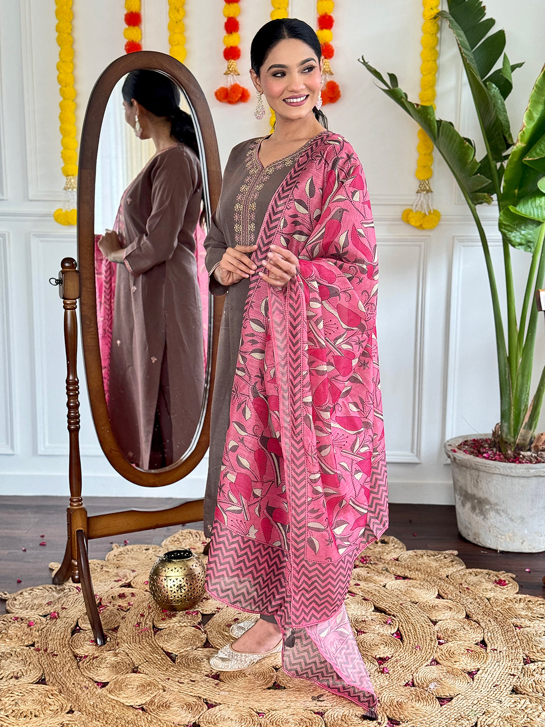 Graceful Brown  Viscose Chanderi Embroidered Kurta Set – Perfect for Celebrations