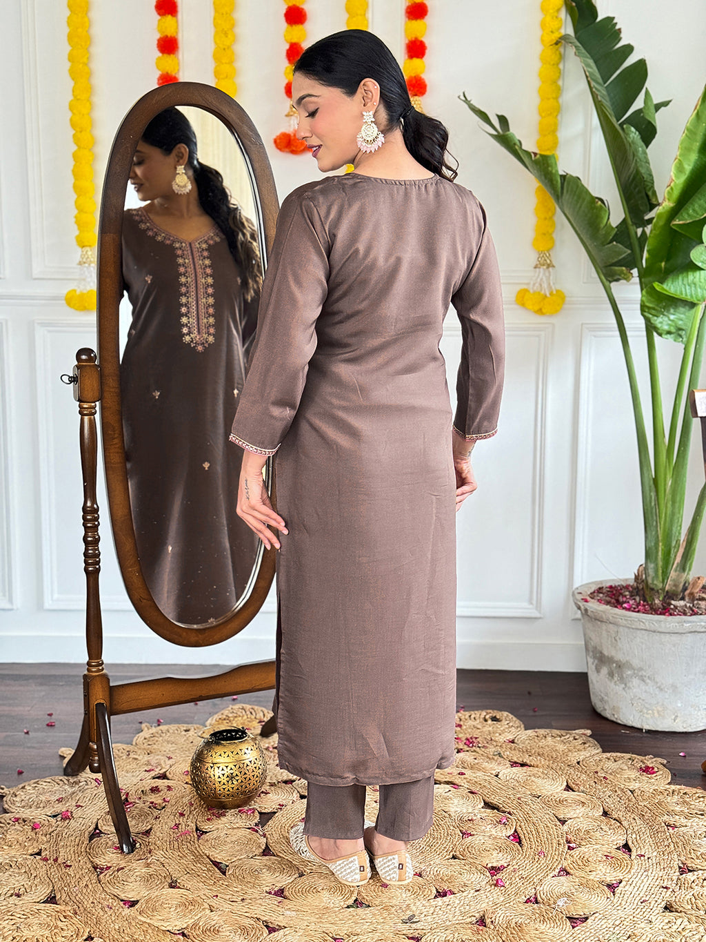 Graceful Brown  Viscose Chanderi Embroidered Kurta Set – Perfect for Celebrations