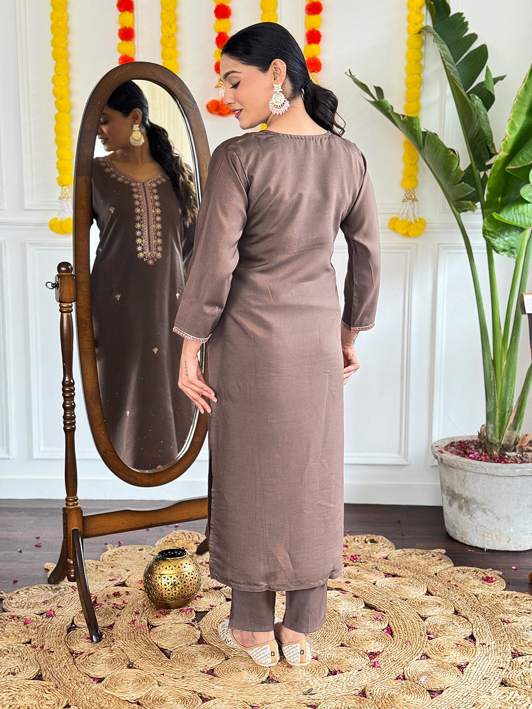 Graceful Brown  Viscose Chanderi Embroidered Kurta Set – Perfect for Celebrations