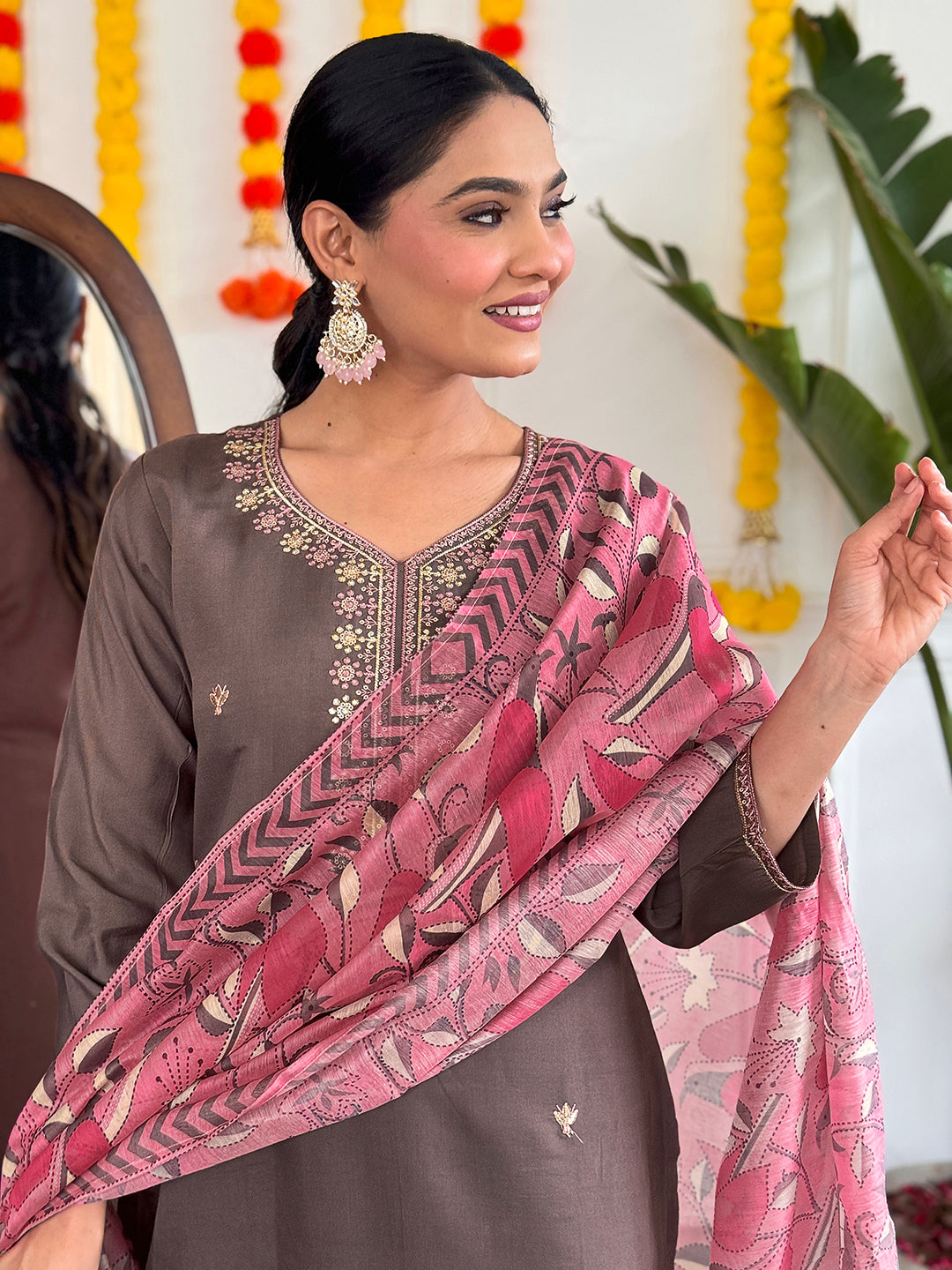 Graceful Brown  Viscose Chanderi Embroidered Kurta Set – Perfect for Celebrations