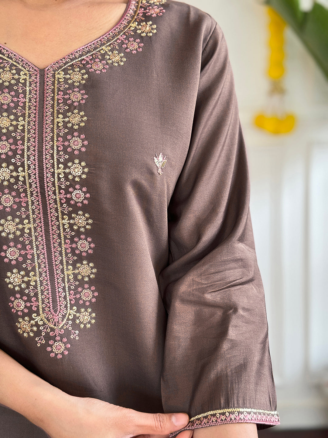 Graceful Brown  Viscose Chanderi Embroidered Kurta Set – Perfect for Celebrations