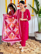 Women's Pink Viscose Chanderi Embroidered Kurta Set with Embroidered Dupatta