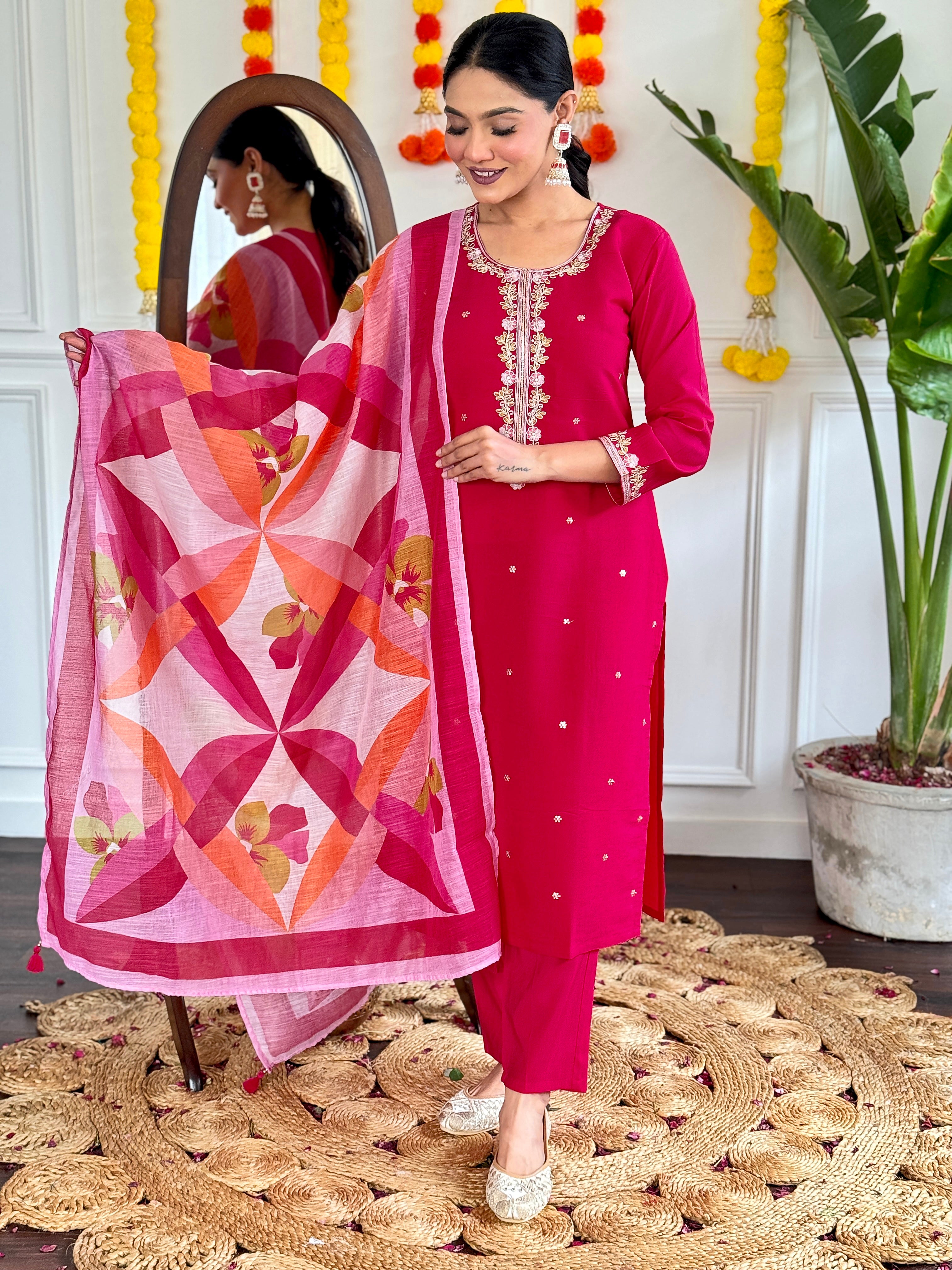 Women's Pink Viscose Chanderi Embroidered Kurta Set with Embroidered Dupatta