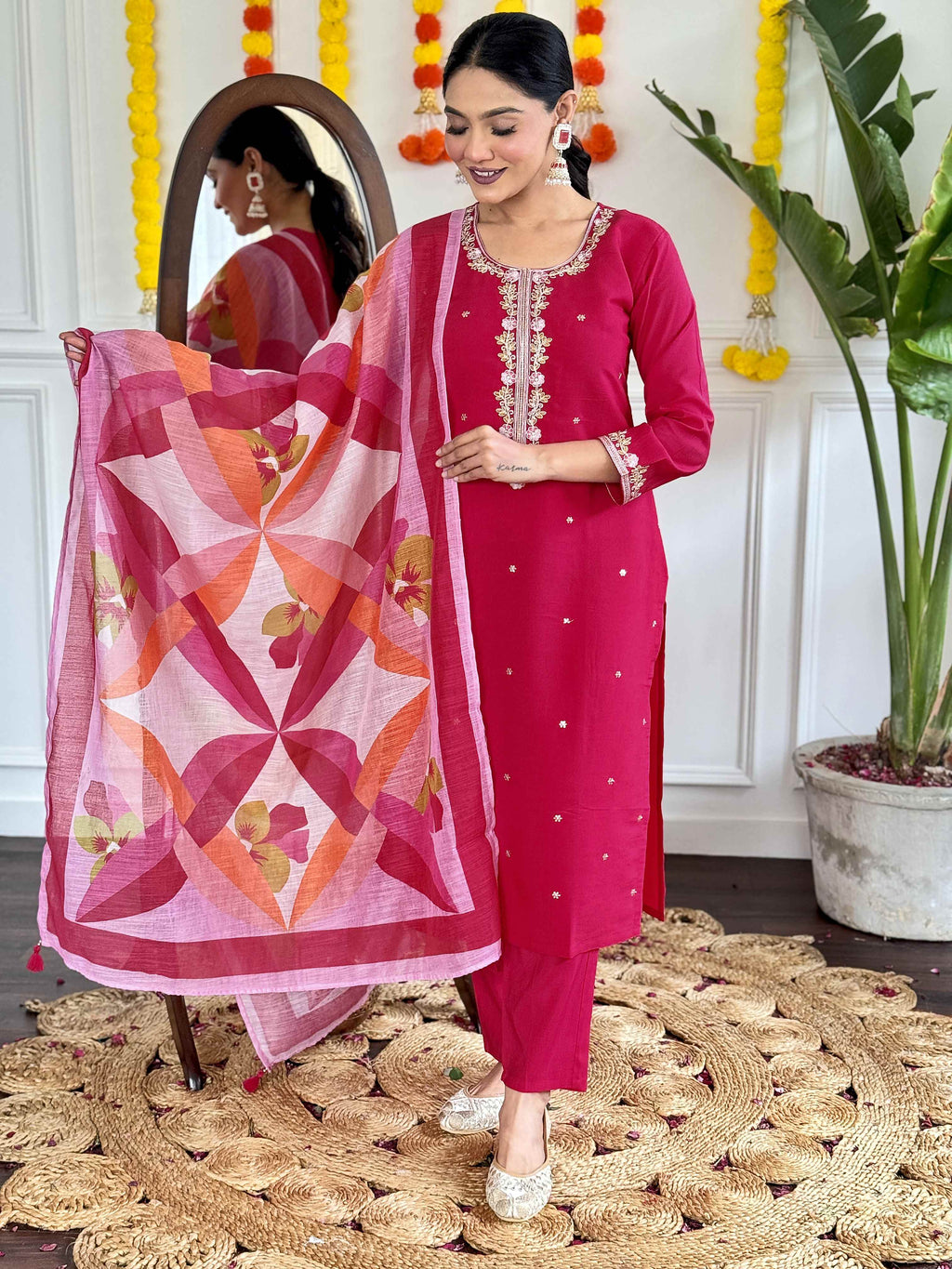 Women's Pink Viscose Chanderi Embroidered Kurta Set with Embroidered Dupatta