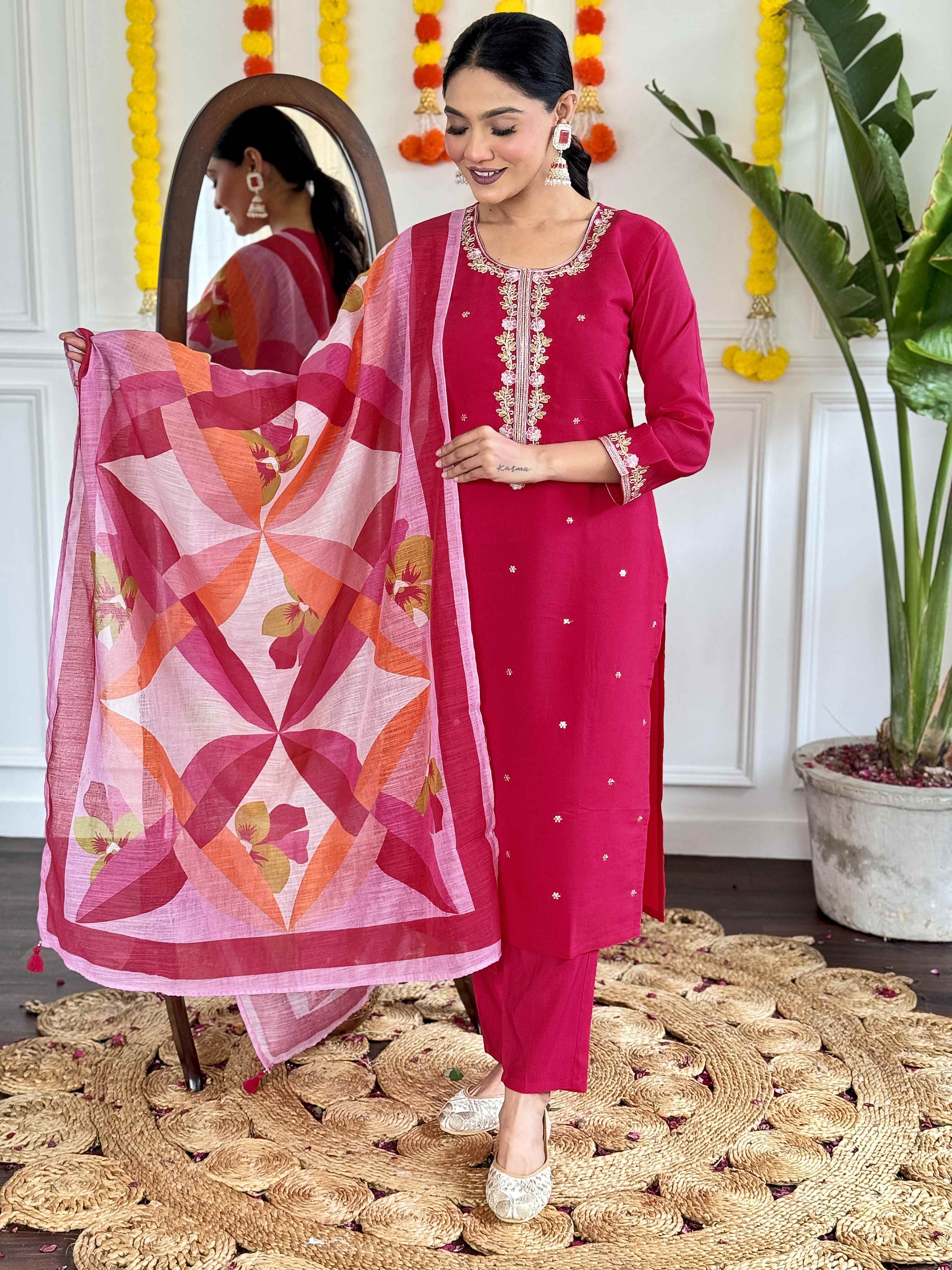 Women's Pink Viscose Chanderi Embroidered Kurta Set with Embroidered Dupatta