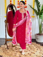 Women's Pink Viscose Chanderi Embroidered Kurta Set with Embroidered Dupatta